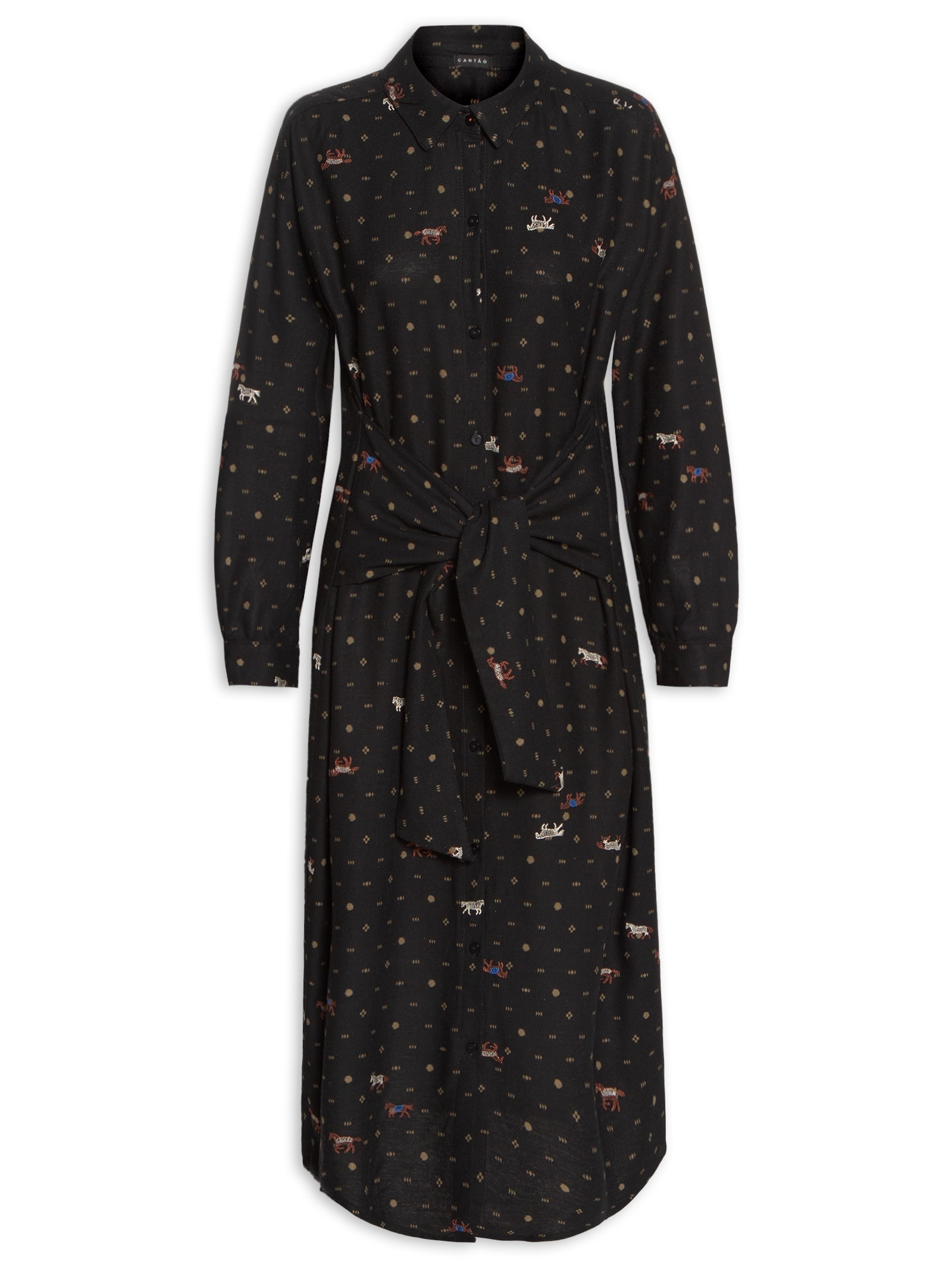Vestido Chemise Amarração Estampa Diana Preto Cantão