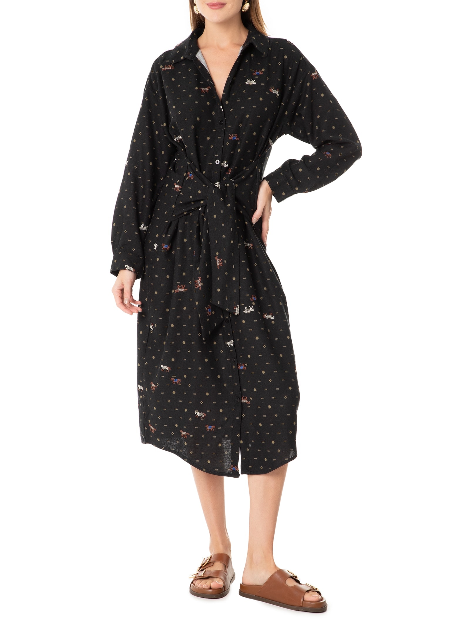Vestido Chemise Amarração Estampa Diana Preto Cantão
