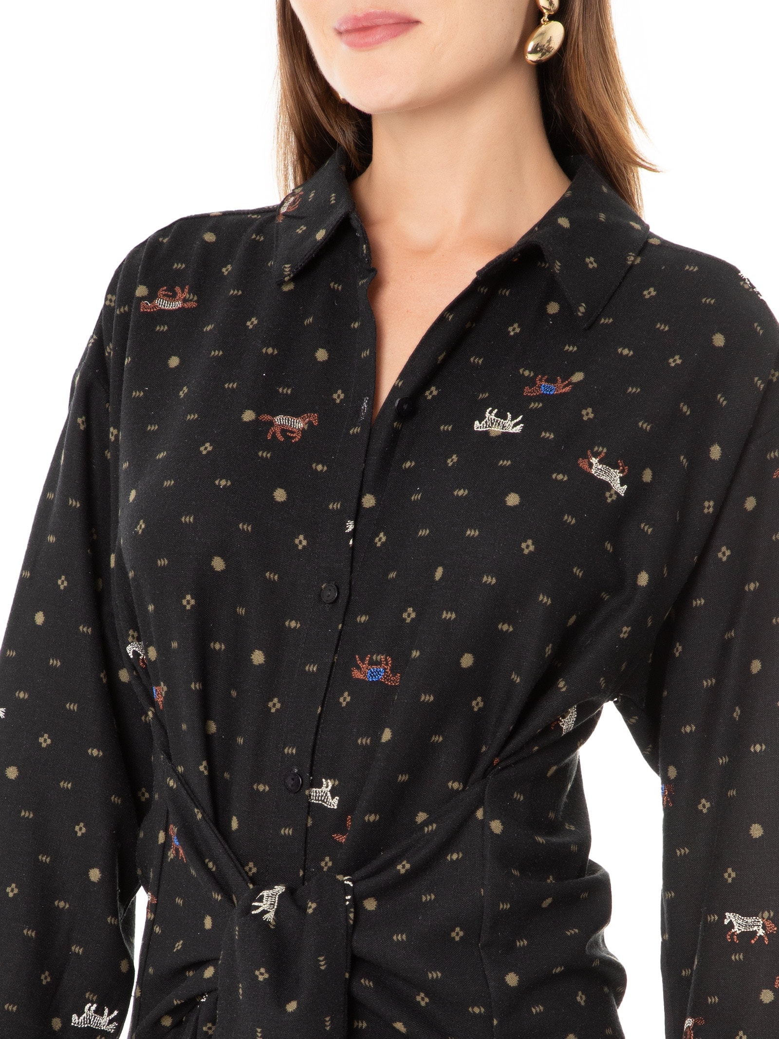 Vestido Chemise Amarração Estampa Diana Preto Cantão