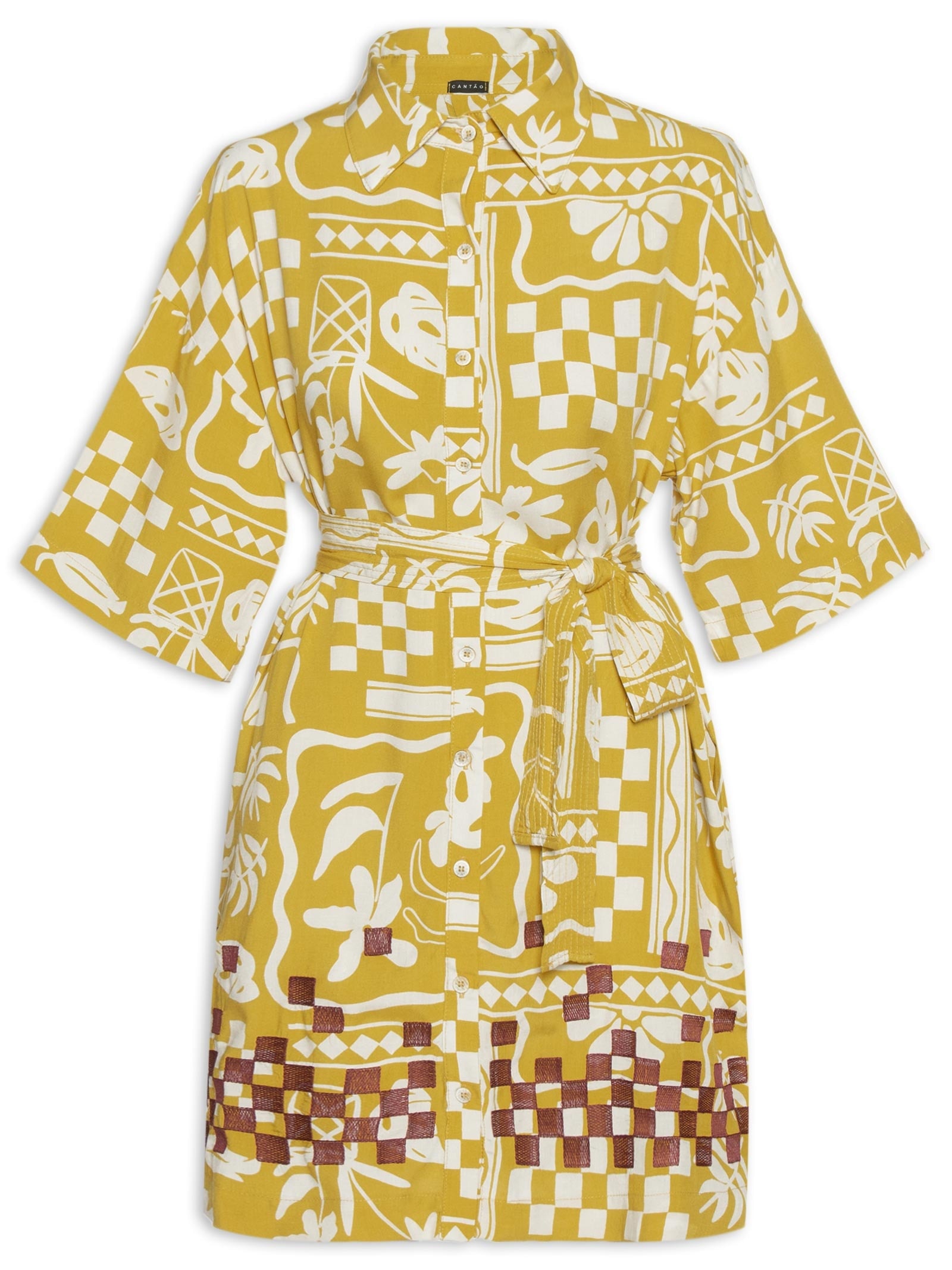 Vestido Chemise Bordado Estampa Barrio Amarelo Cantão