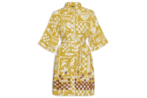 Vestido Chemise Bordado Estampa Barrio - Amarelo