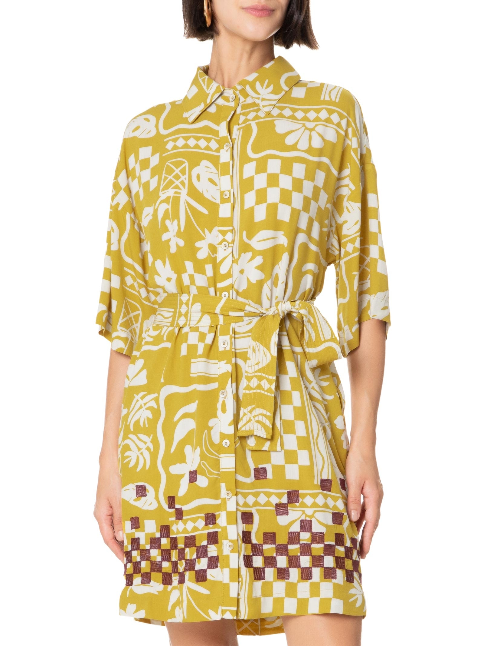 Vestido Chemise Bordado Estampa Barrio Amarelo Cantão