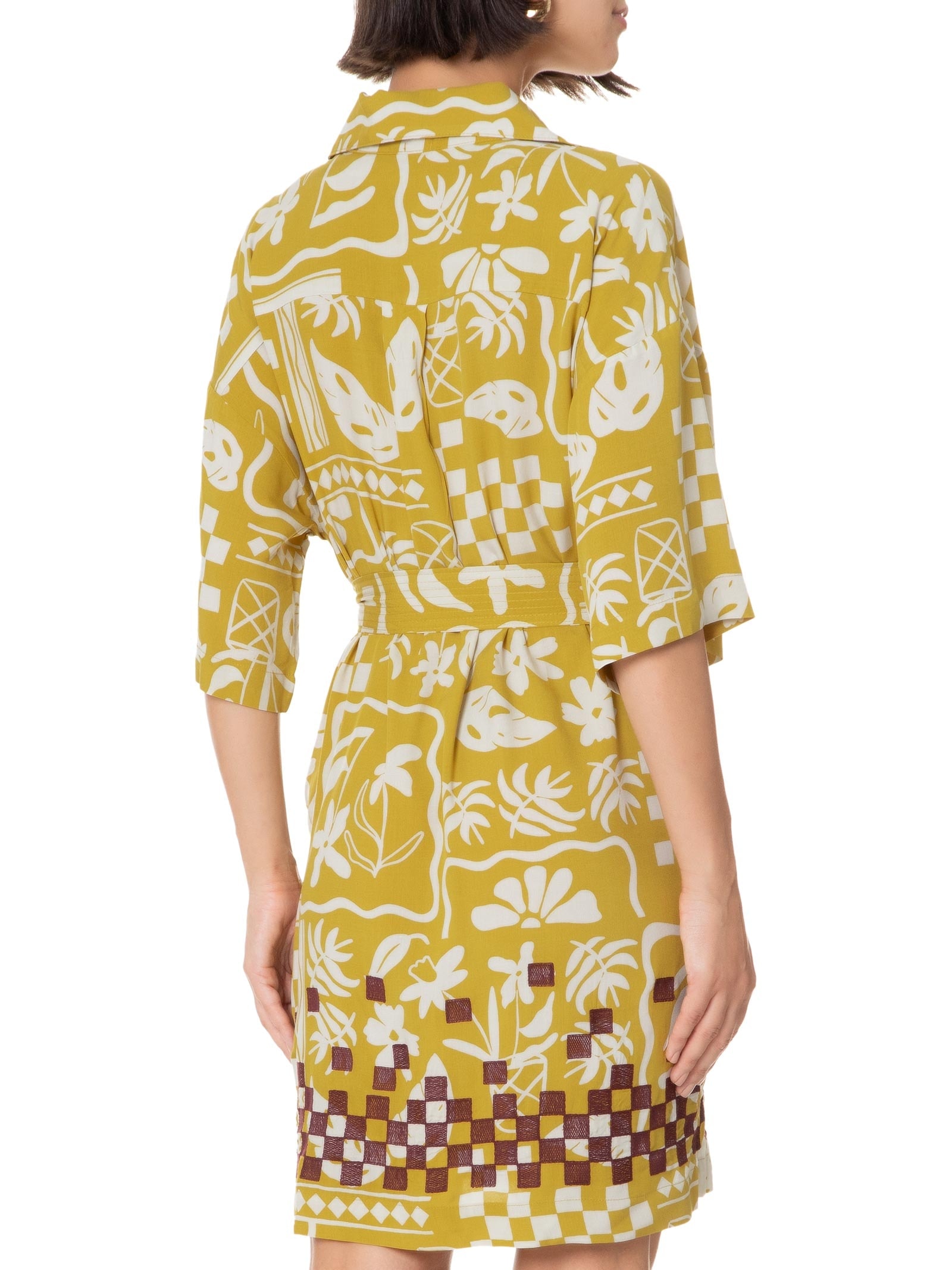 Vestido Chemise Bordado Estampa Barrio Amarelo Cantão