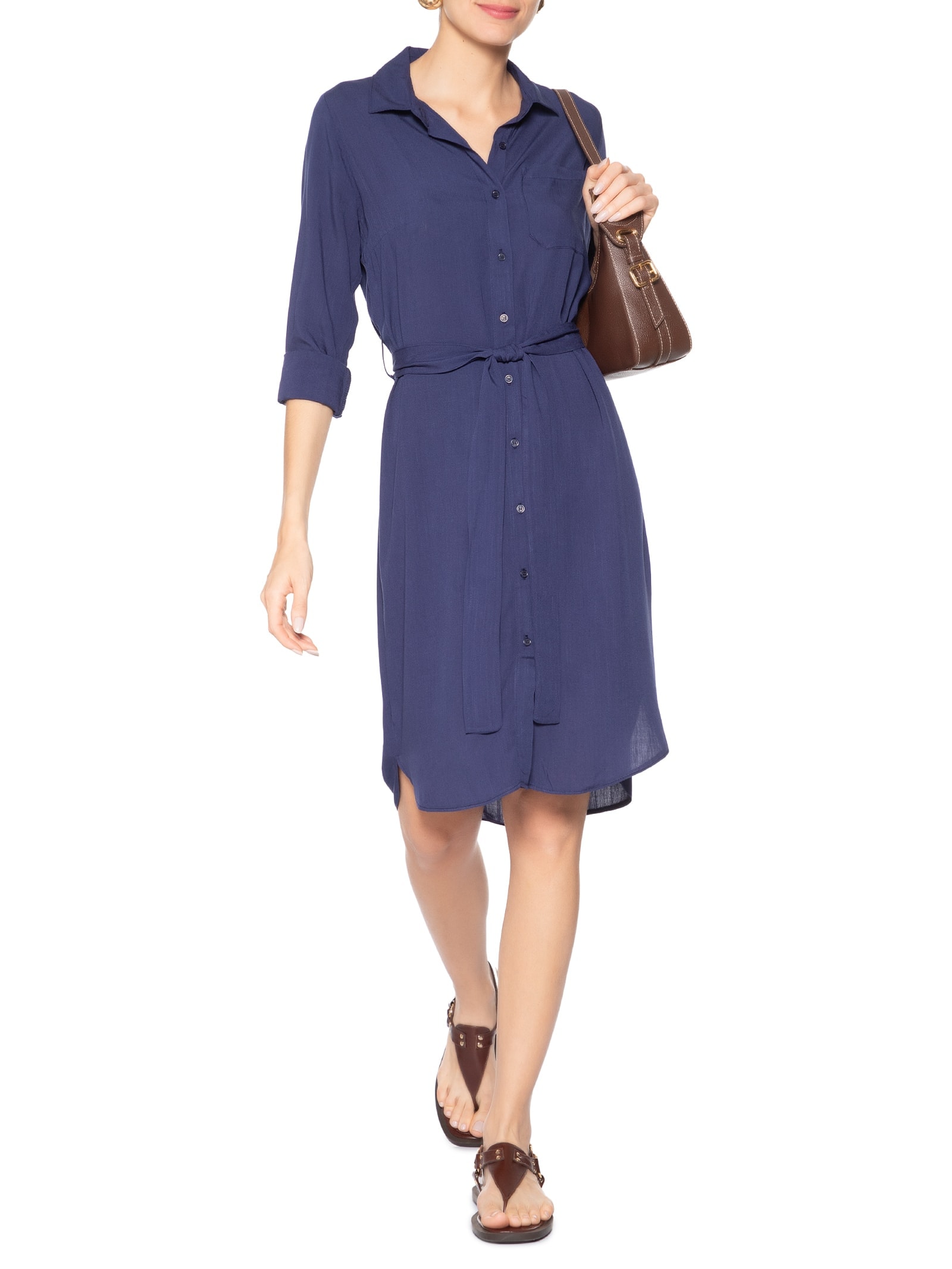 Vestido Chemise Com Amarração Azul Basiq