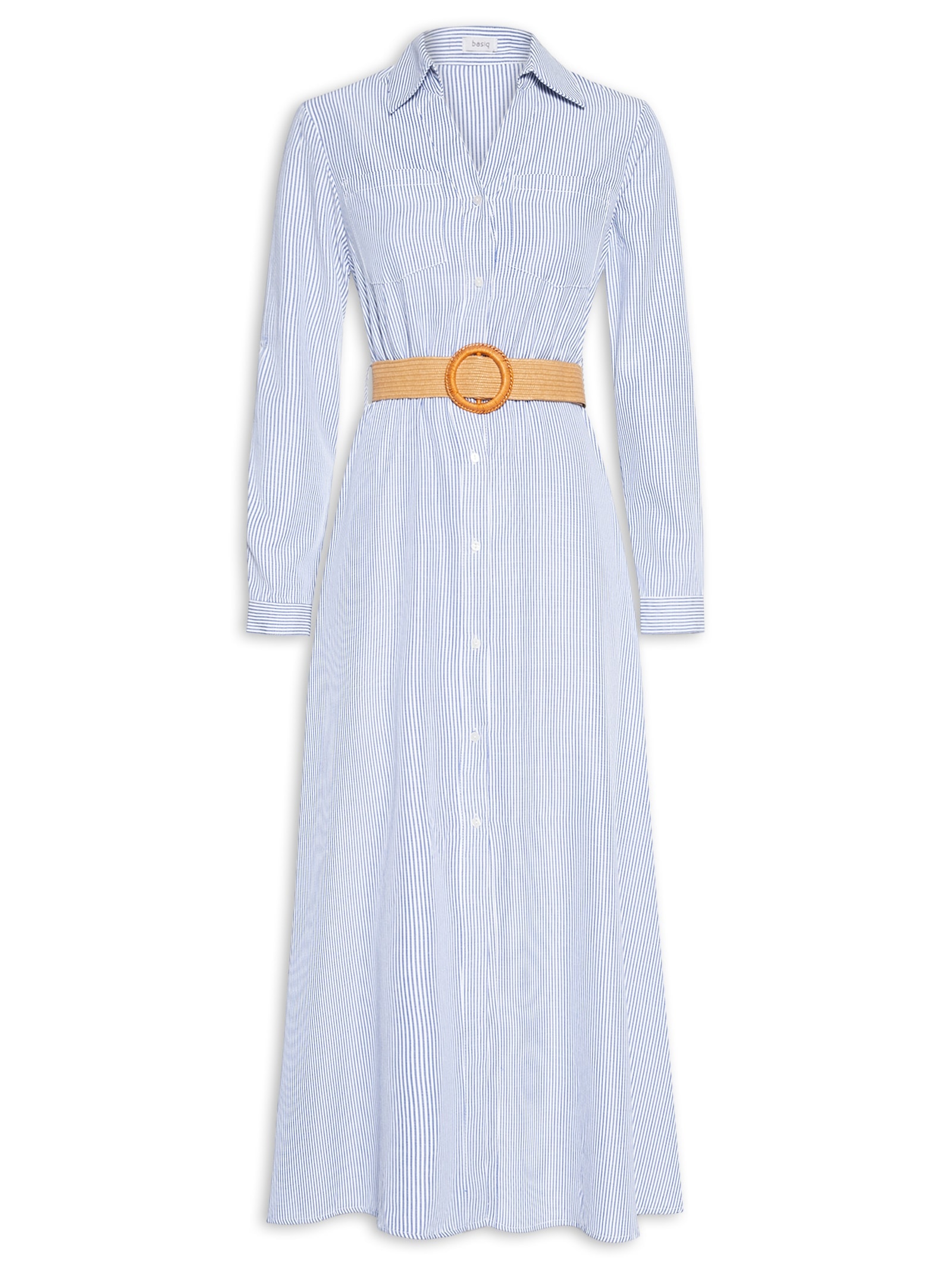 Vestido Chemise Longo Listrado Azul Basiq