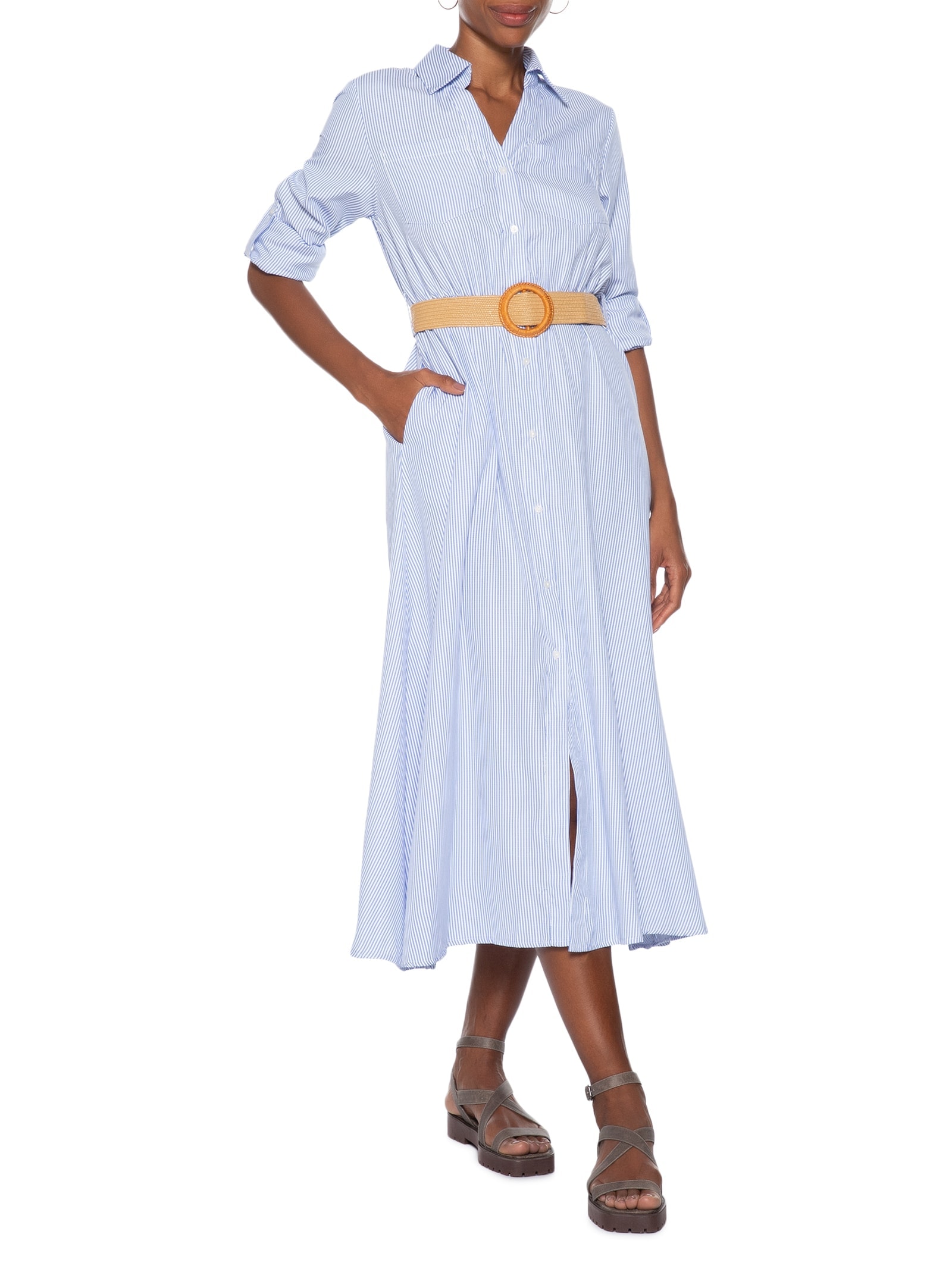 Vestido Chemise Longo Listrado Azul Basiq
