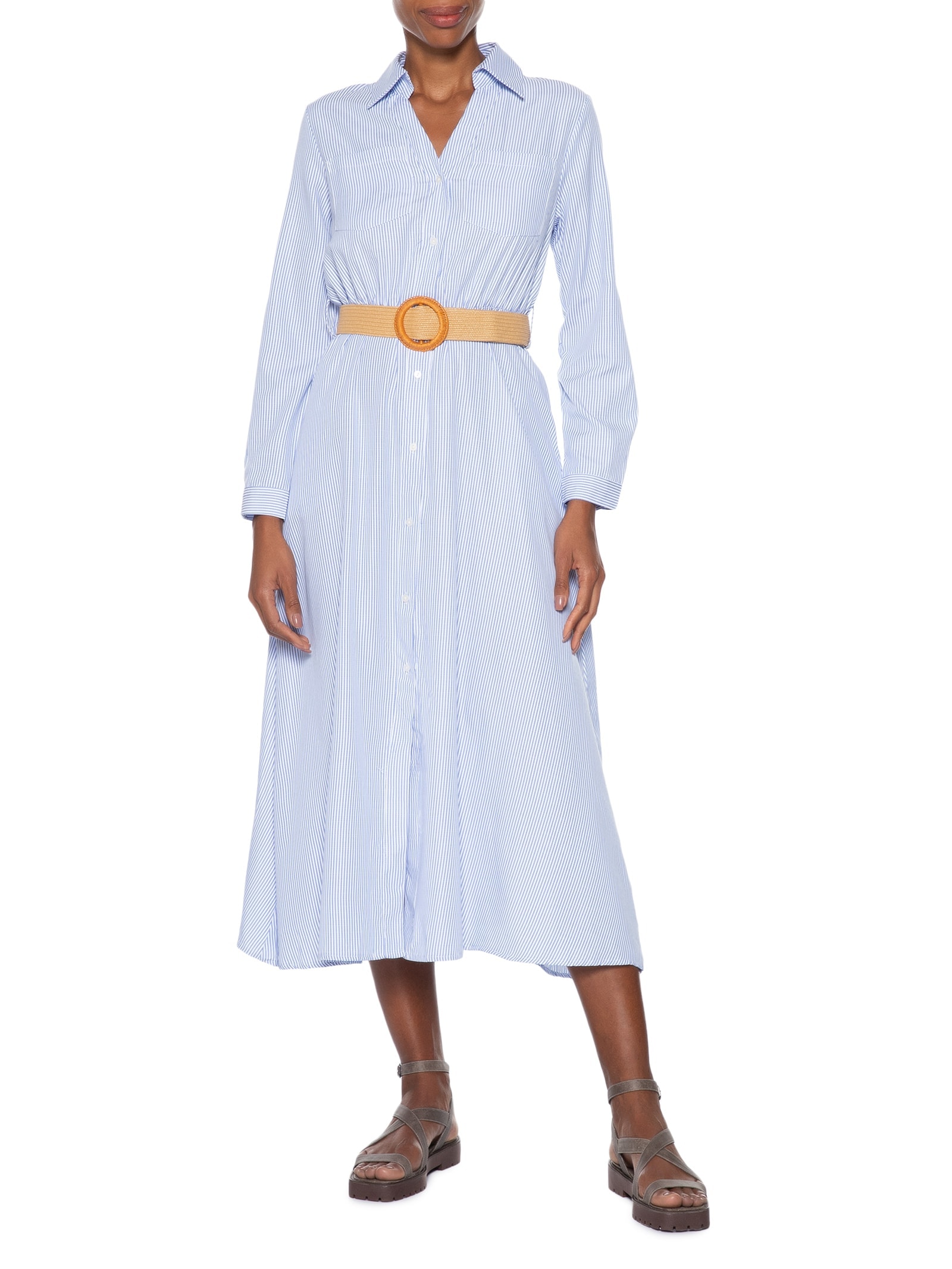 Vestido Chemise Longo Listrado Azul Basiq