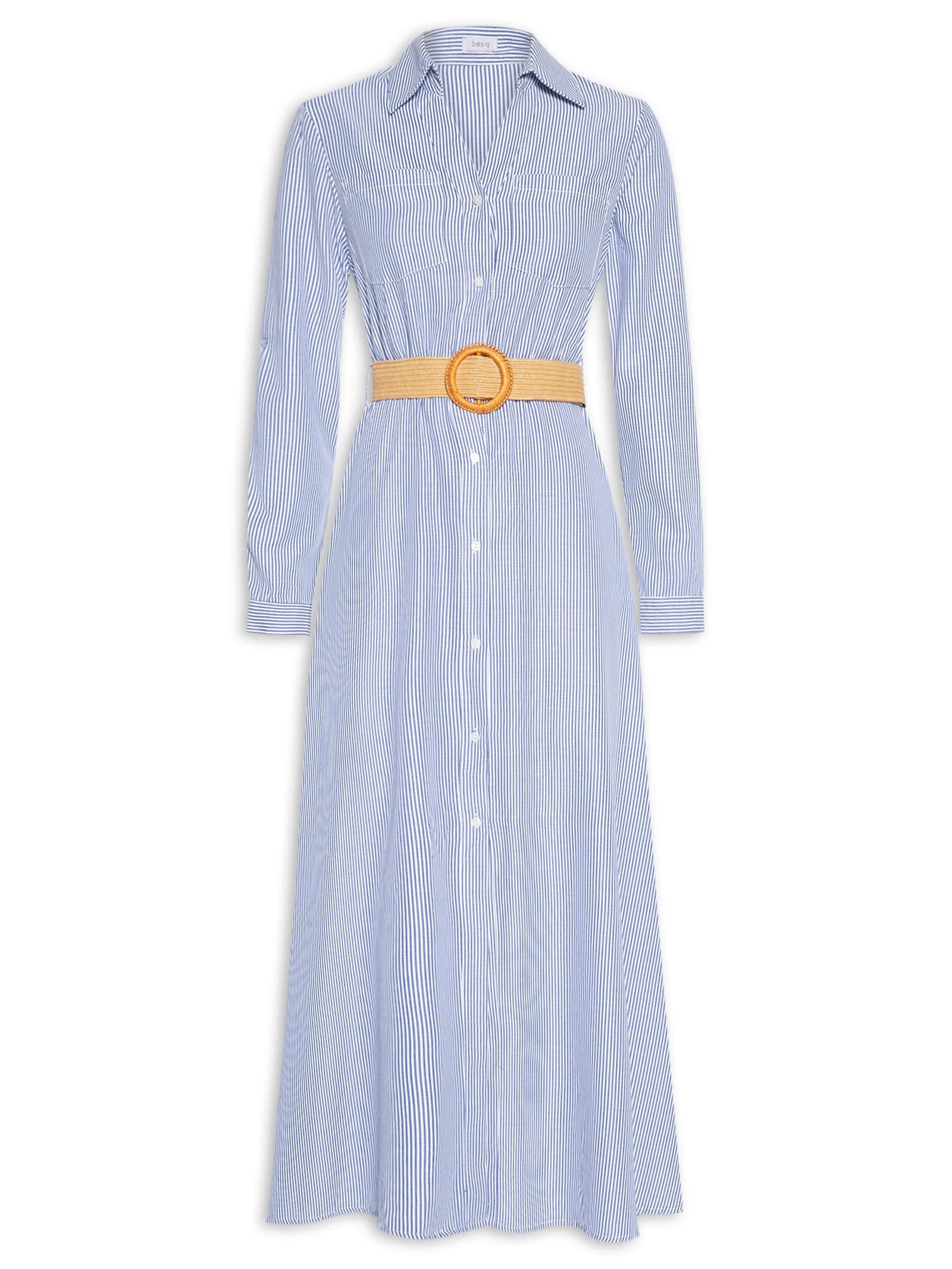 Vestido Chemise Midi Listrado Azul Basiq