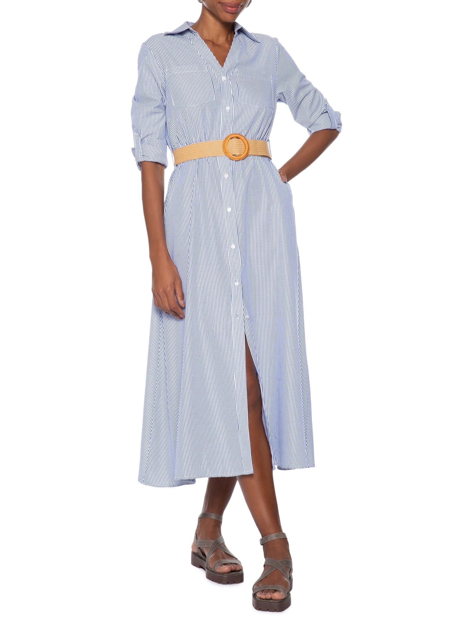 Vestido Chemise Midi Listrado Azul Basiq
