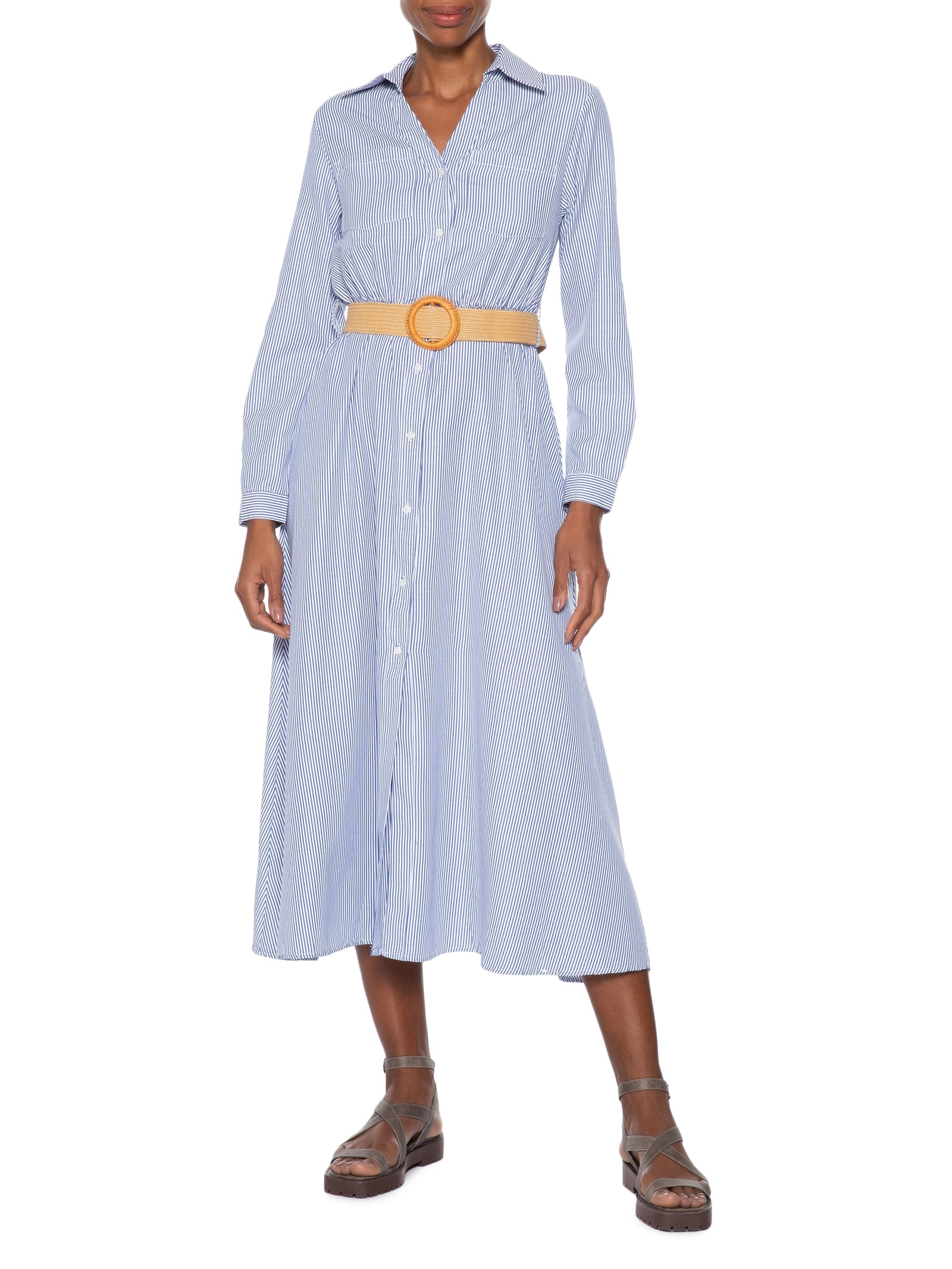 Vestido Chemise Midi Listrado Azul Basiq