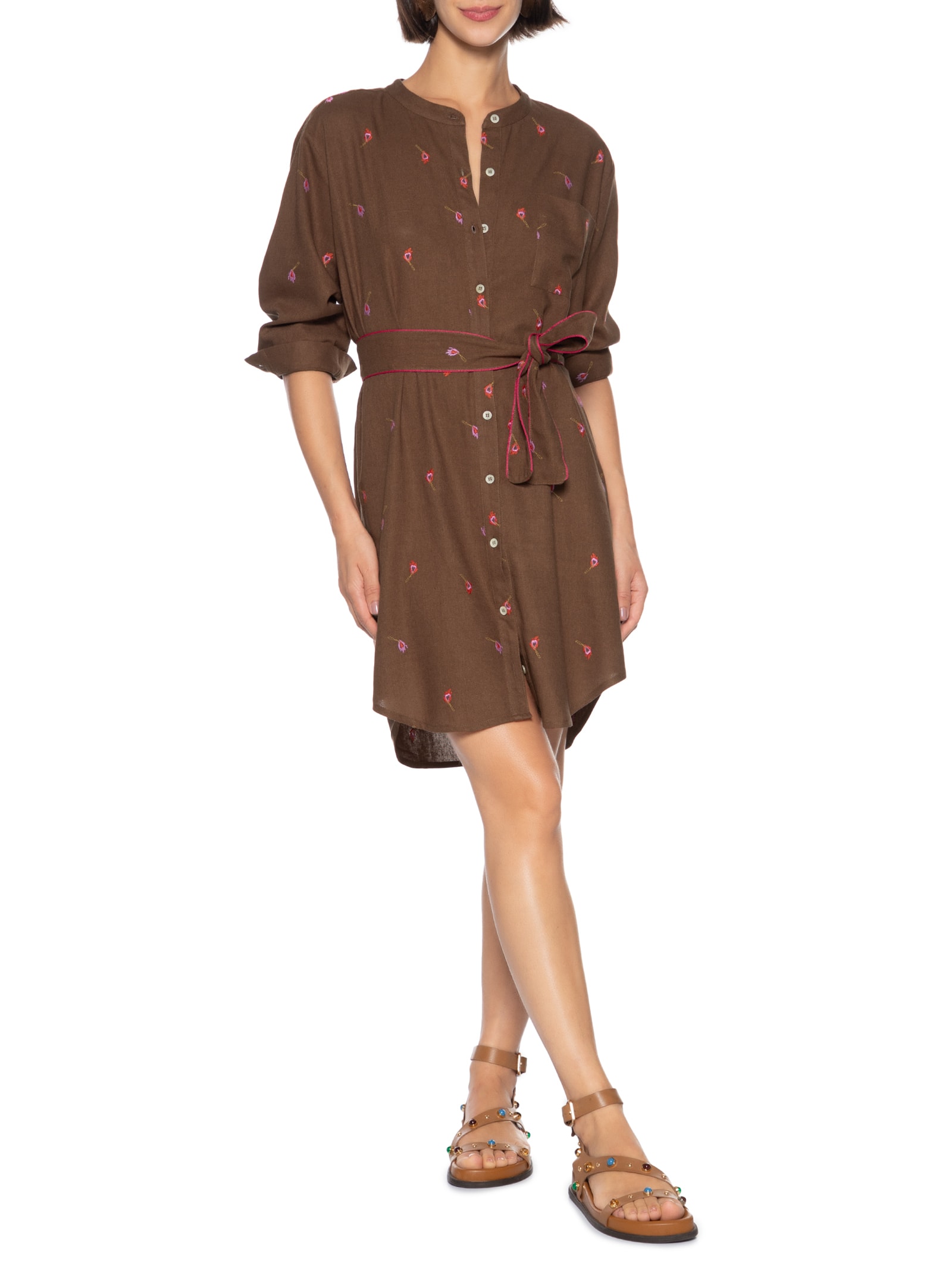 Vestido Chemisier Linho Bordados Fósforo Marrom Cantão