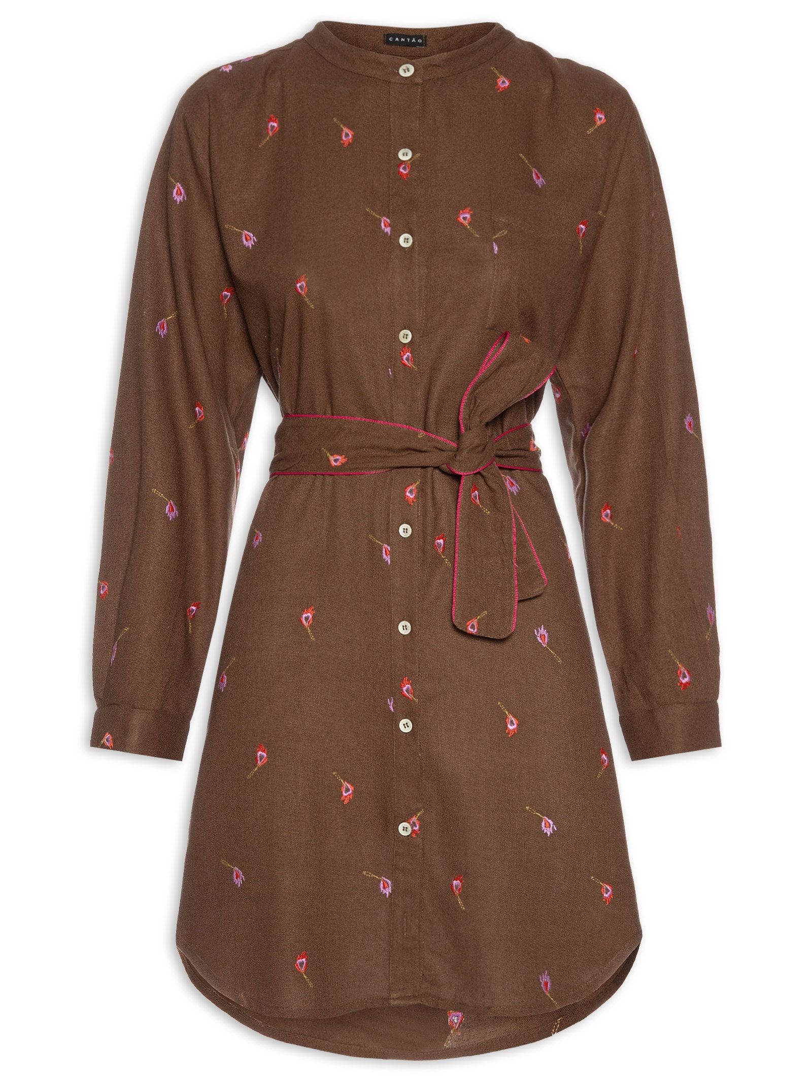 Vestido Chemisier Linho Bordados Fósforo Marrom Cantão