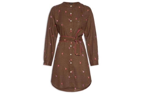 Vestido Chemisier Linho Bordados Fósforo - Marrom