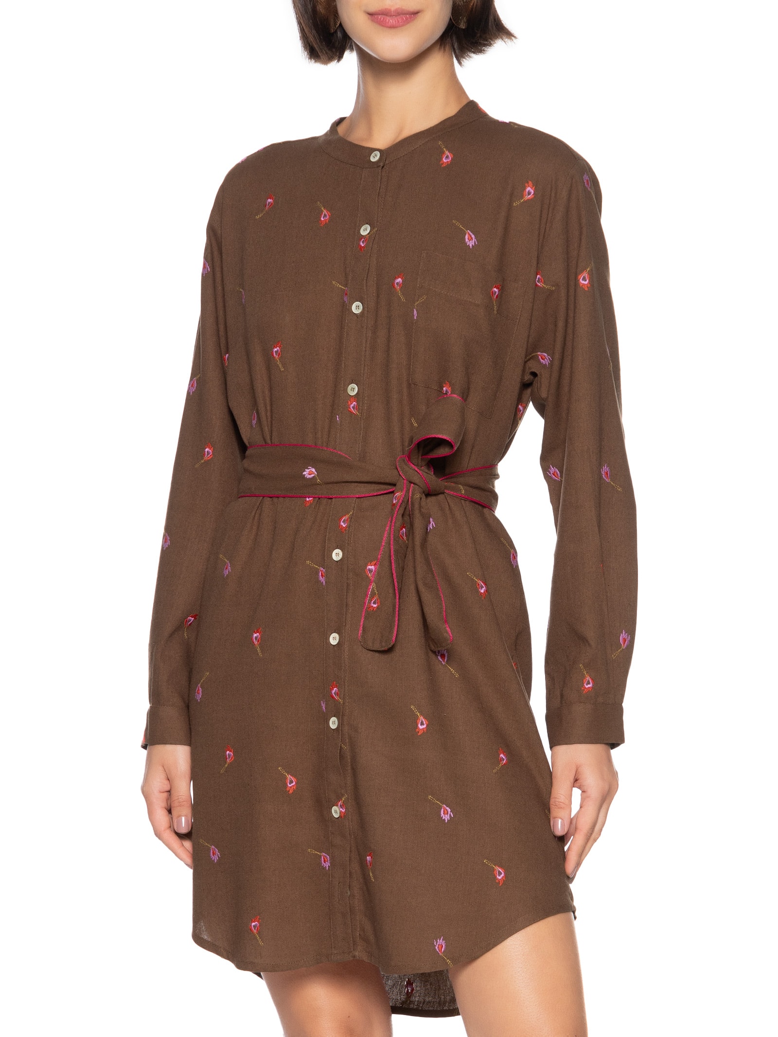 Vestido Chemisier Linho Bordados Fósforo Marrom Cantão