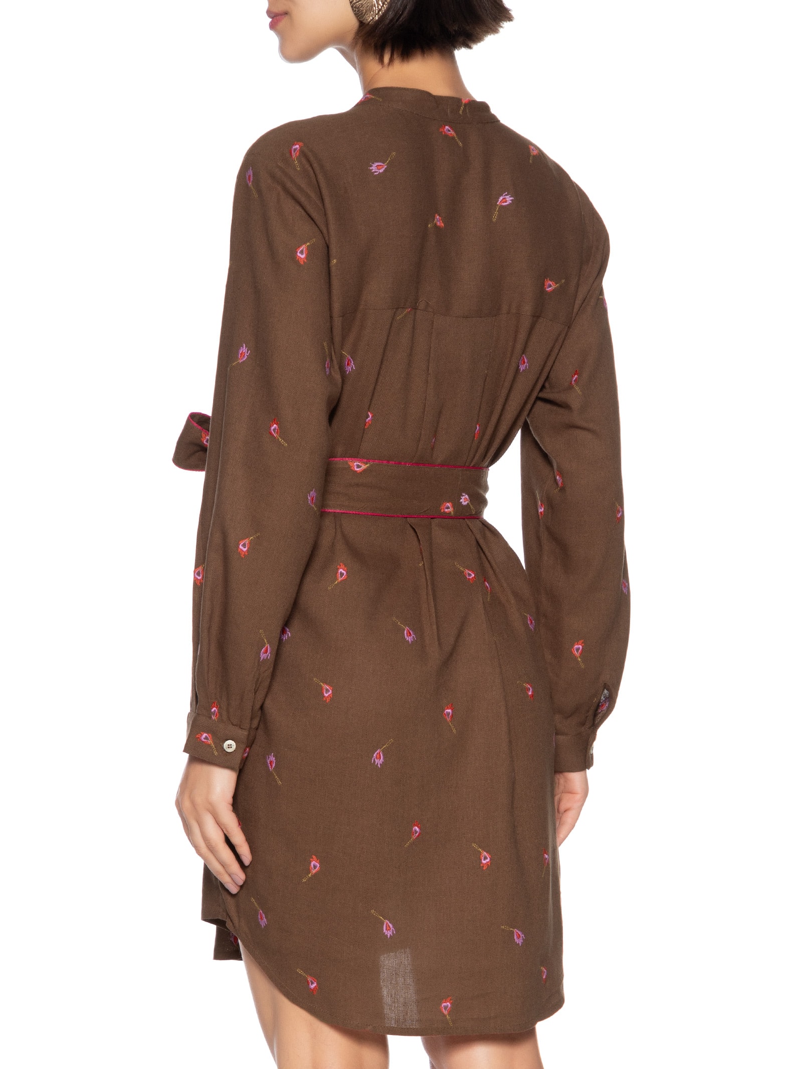 Vestido Chemisier Linho Bordados Fósforo Marrom Cantão