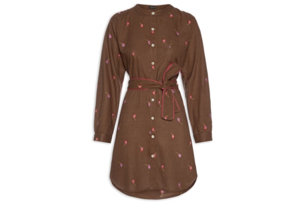 Vestido Chemisier Linho Bordados Fósforo - Marrom