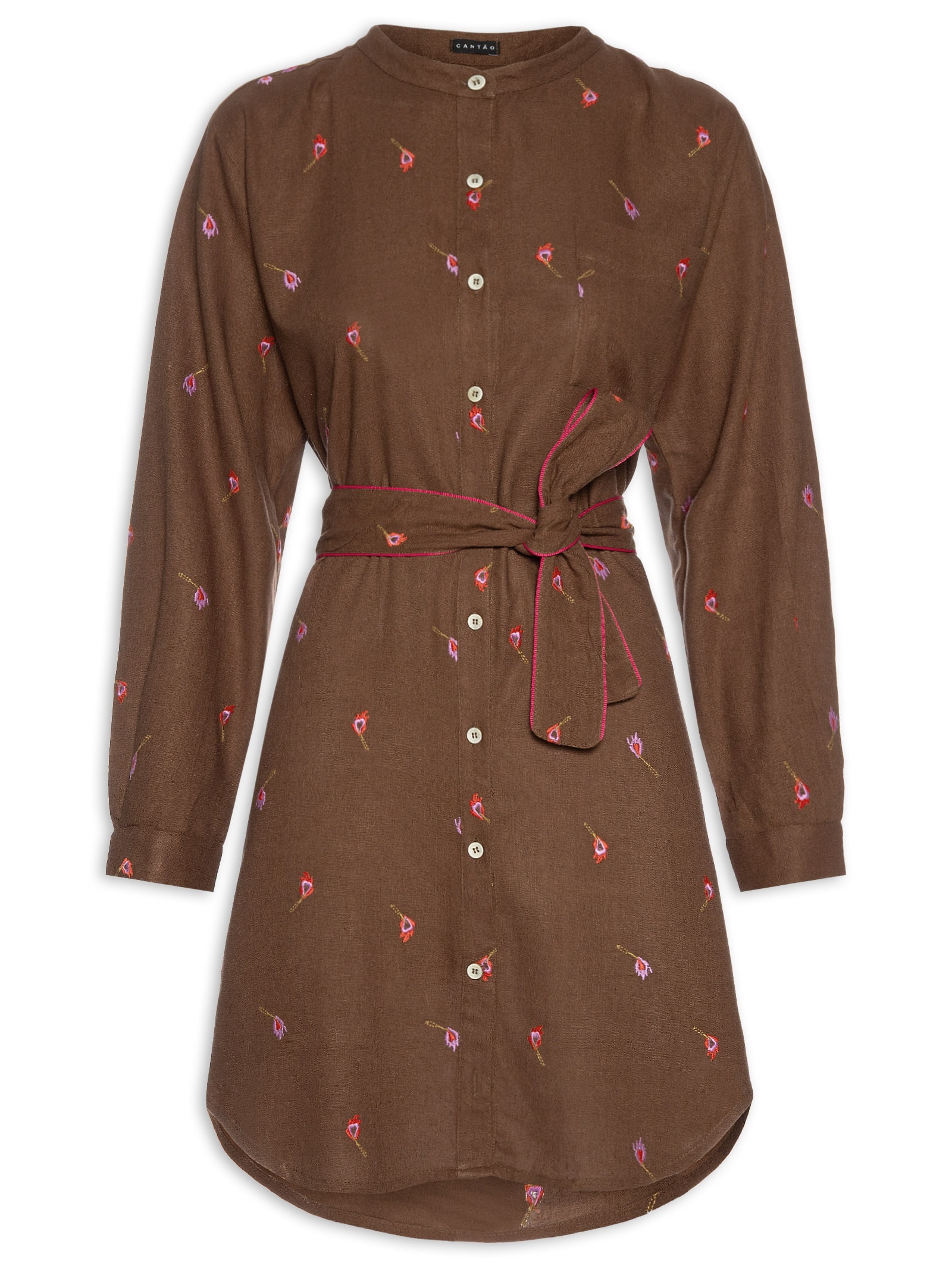Vestido Chemisier Linho Bordados Fósforo Marrom Cantão