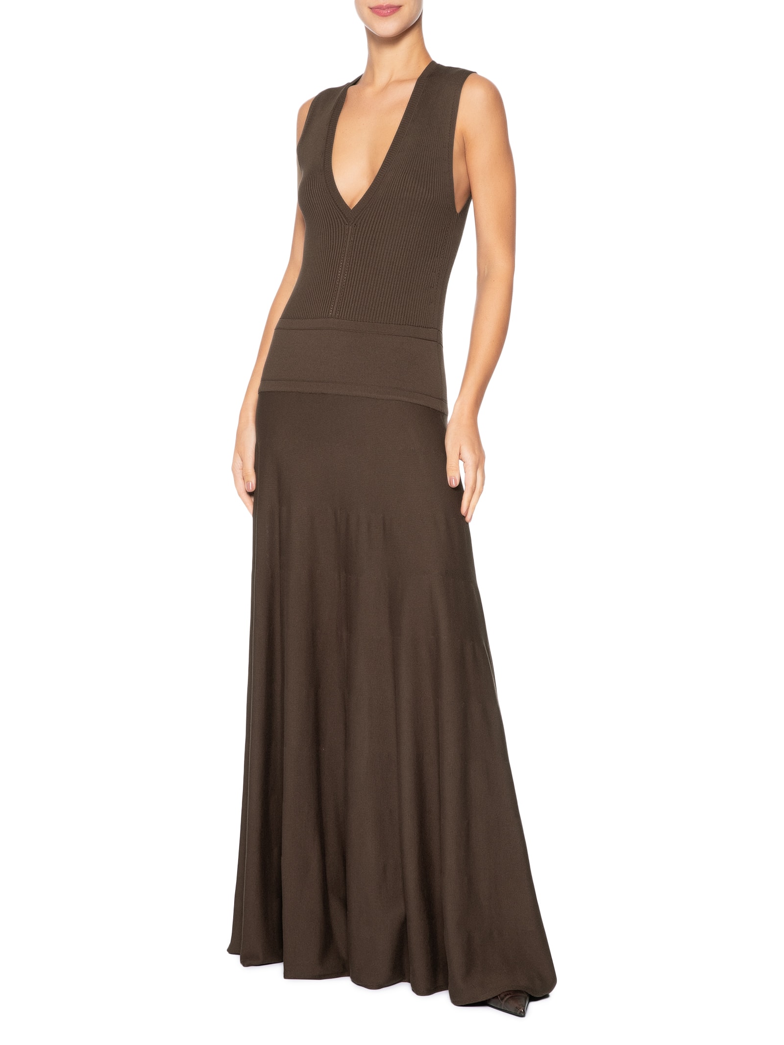 Vestido Cintura Baixa Tricot Decote V Marrom Animale