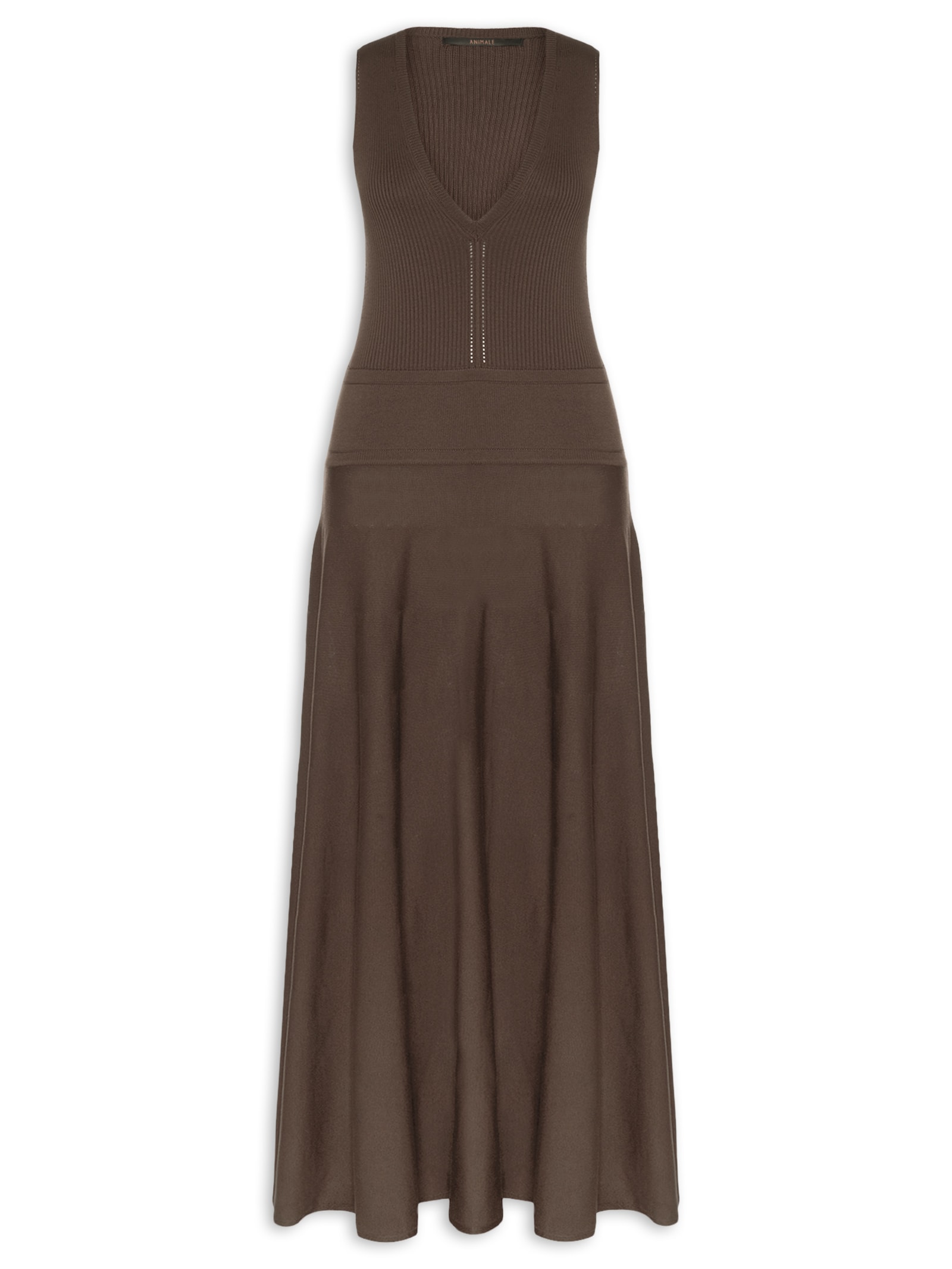 Vestido Cintura Baixa Tricot Decote V Marrom Animale