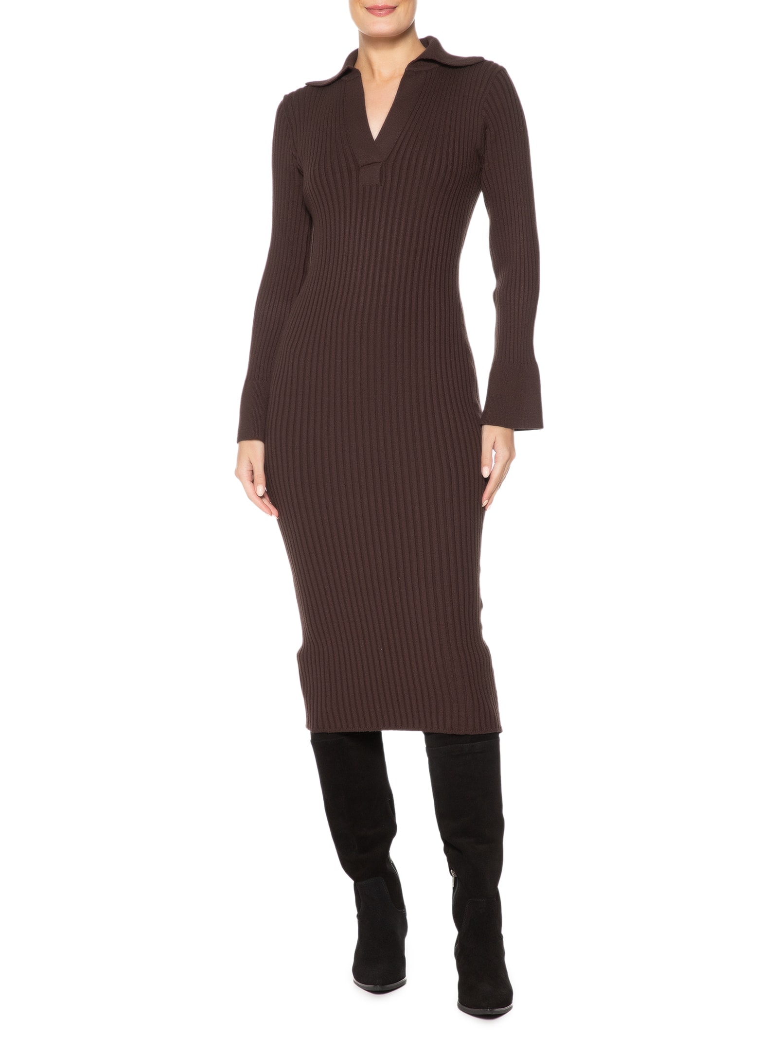 Vestido Com Gola Polo Em Tricot Marrom '2Essential