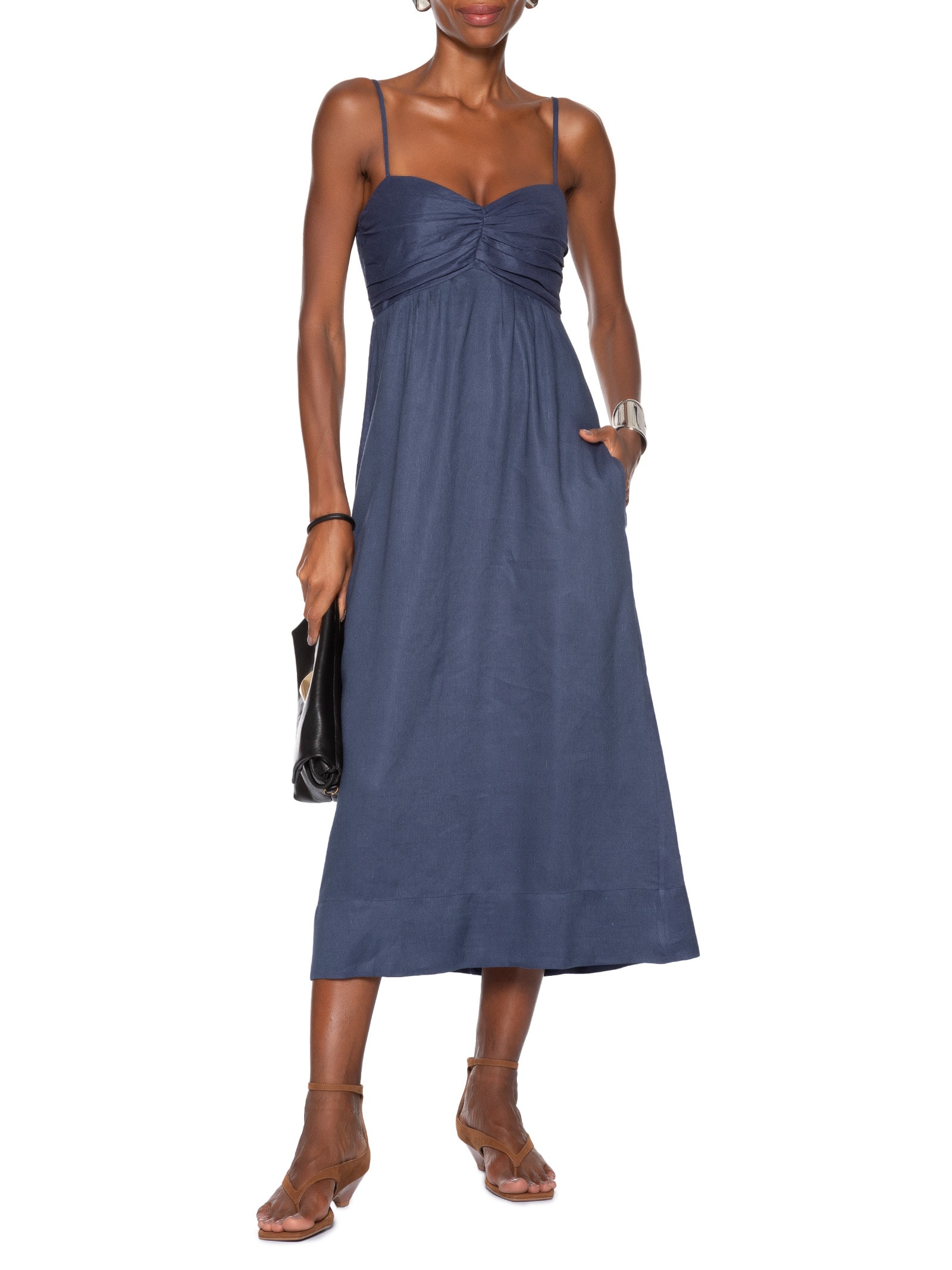 Vestido com Linho Midi  Azul Animale