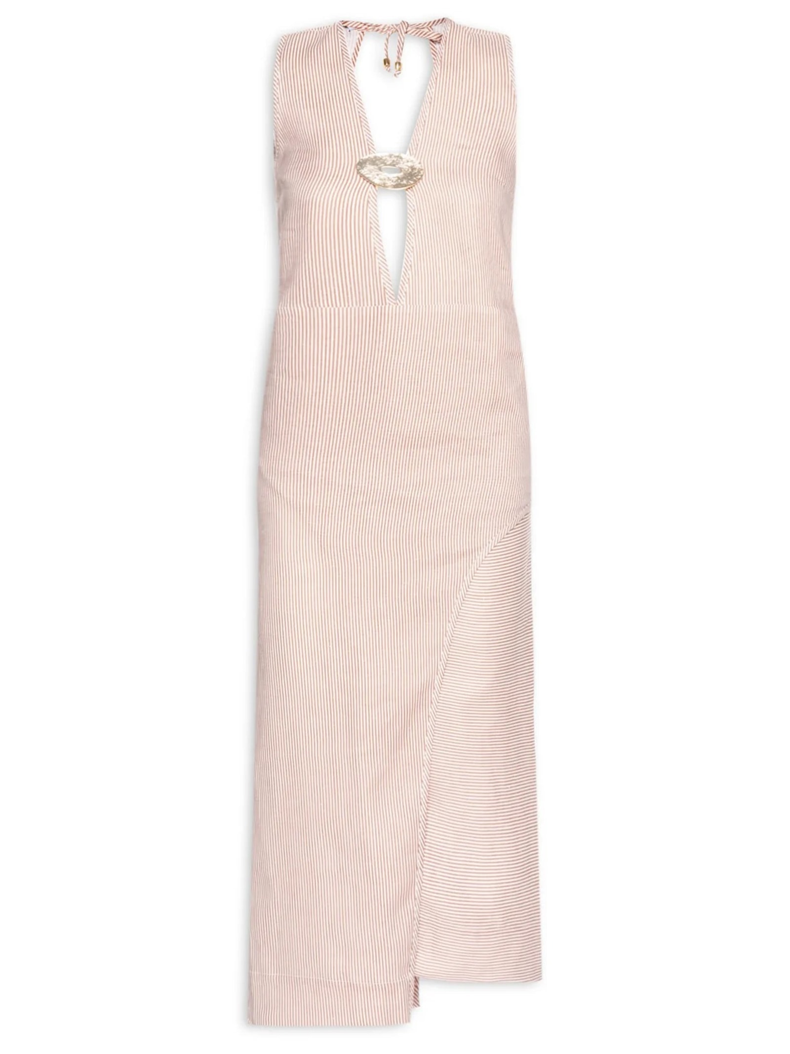 Vestido com Recorte em Linho Puro Listrado Bege '2Essential