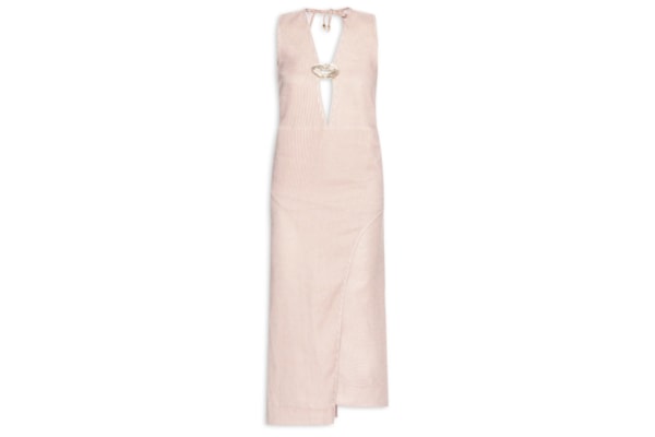 Vestido com Recorte em Linho Puro Listrado - Bege