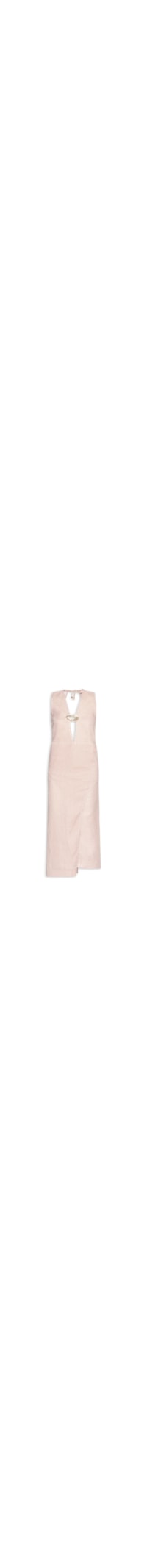 Vestido com Recorte em Linho Puro Listrado - Bege