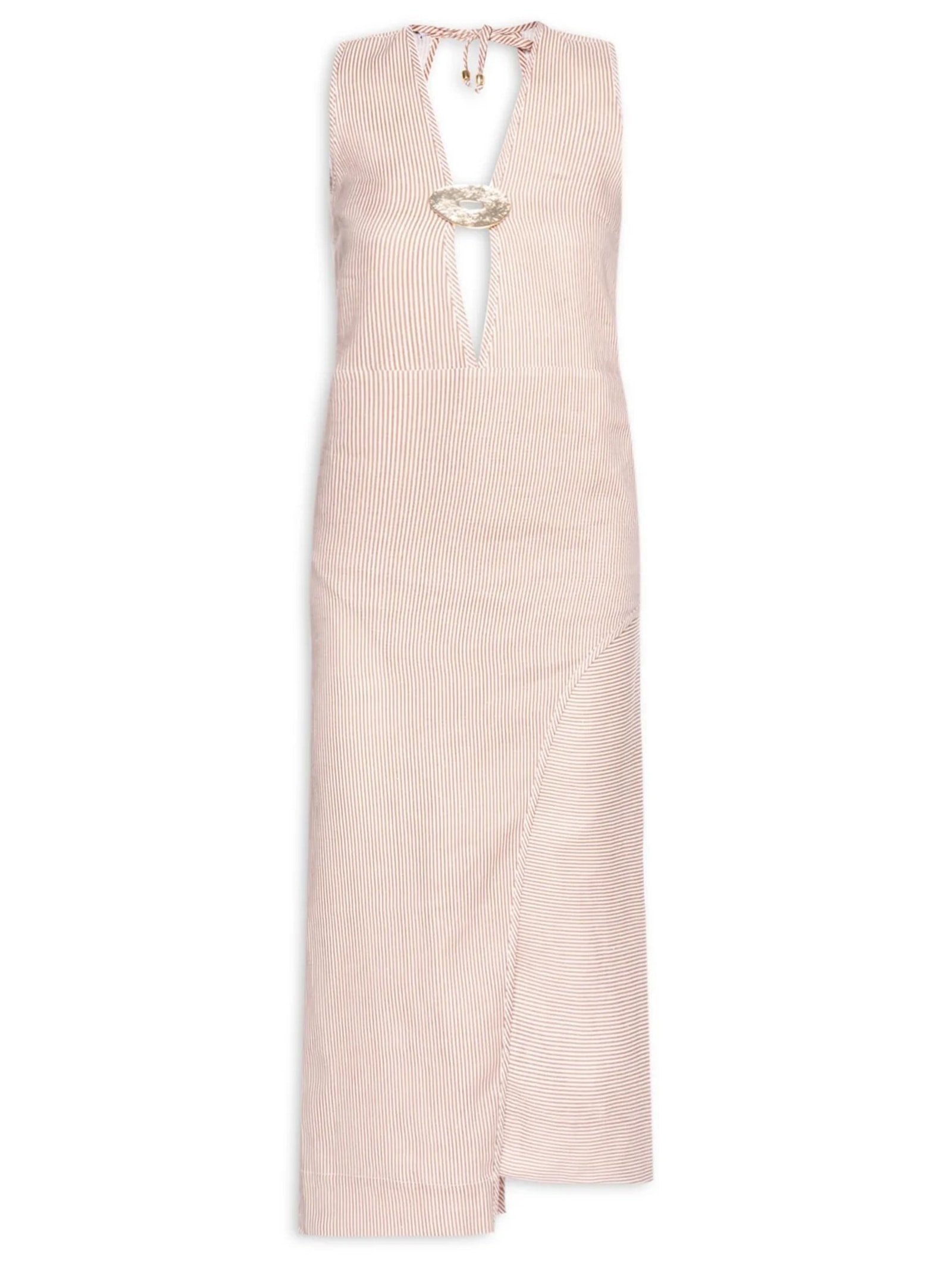 Vestido com Recorte em Linho Puro Listrado Bege '2Essential