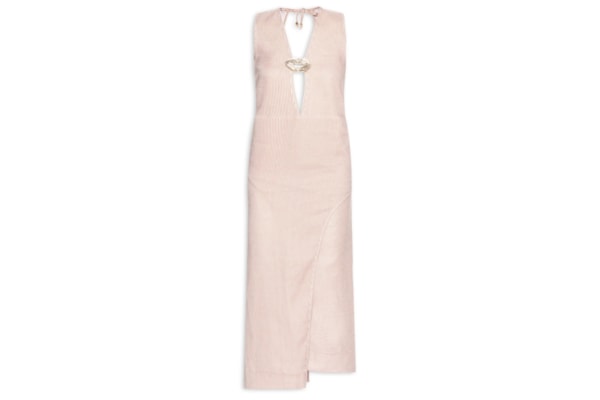 Vestido com Recorte em Linho Puro Listrado - Bege