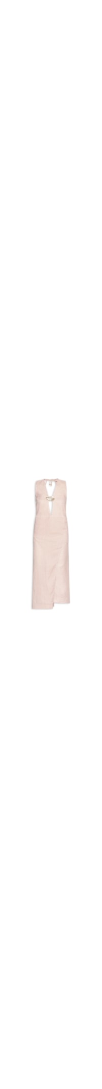 Vestido com Recorte em Linho Puro Listrado - Bege