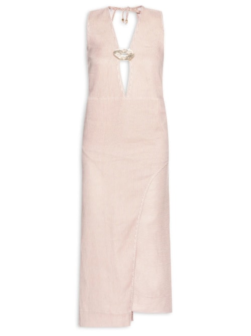 Vestido com Recorte em Linho Puro Listrado - Bege