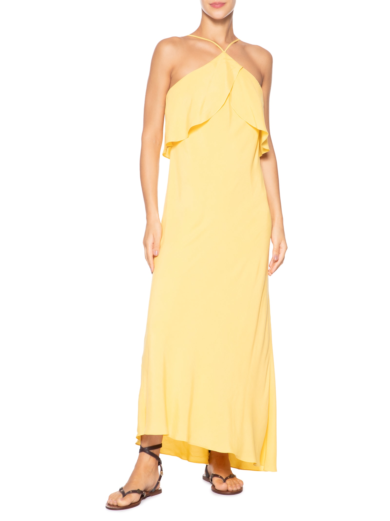 Vestido Crepe Midi Babados Amarelo Dress To