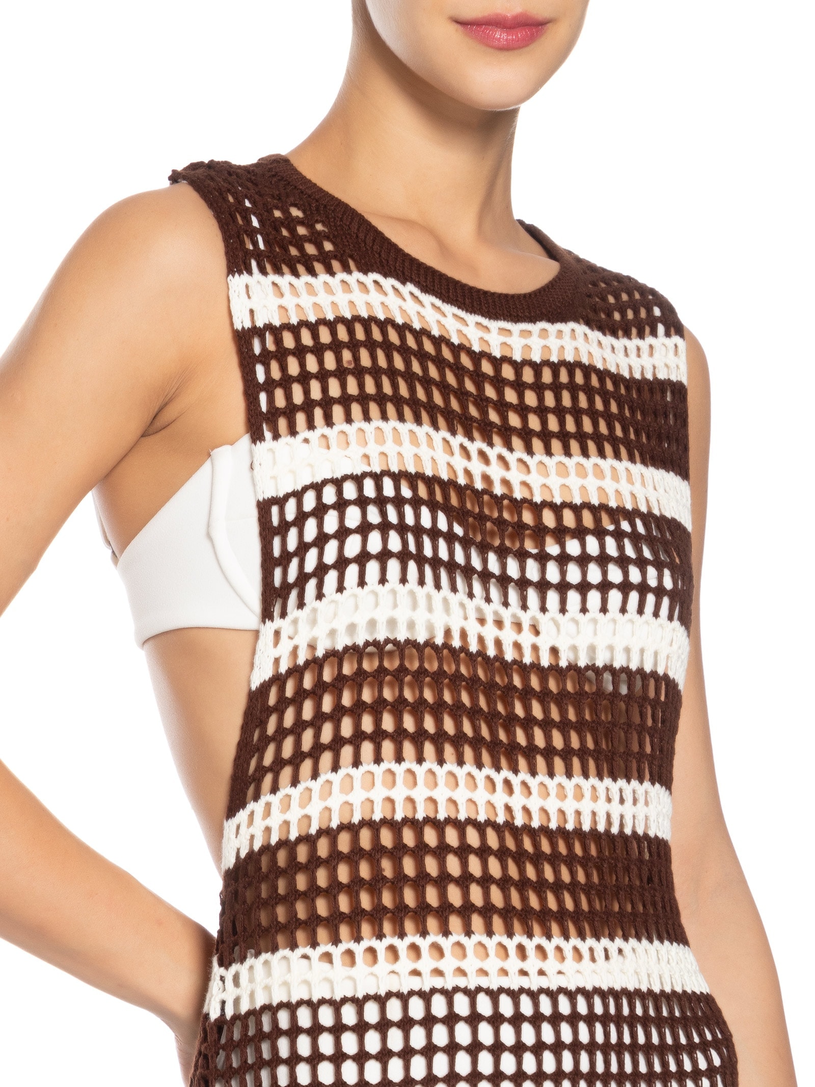 Vestido Crochê Listras Marrom Farm Praia