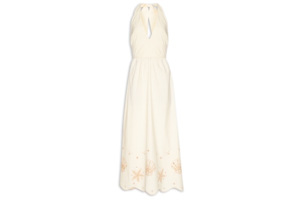 Vestido Cropped Algodão Barrado Festone - Off White