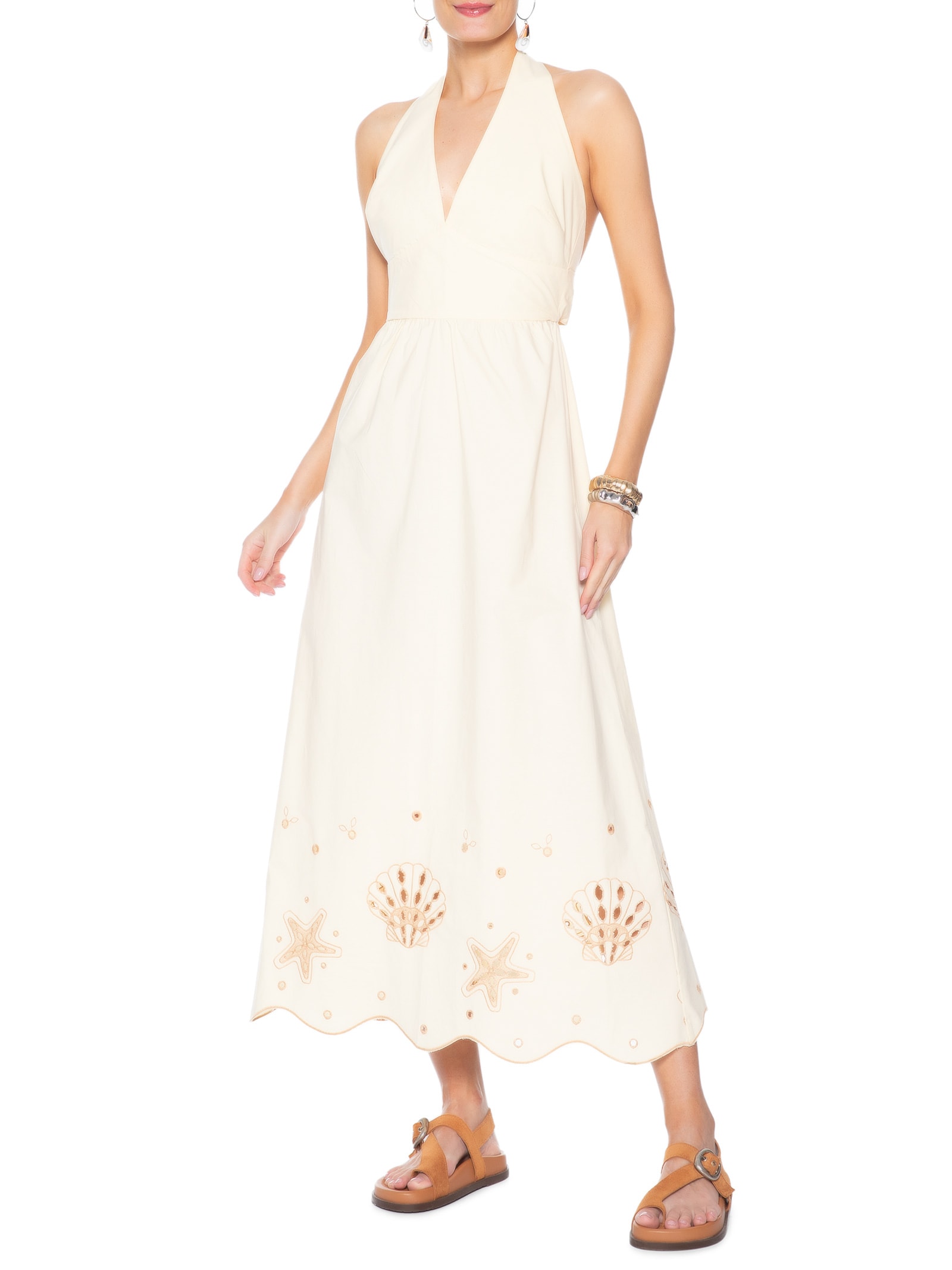 Vestido Cropped Algodão Barrado Festone Off White Dress To