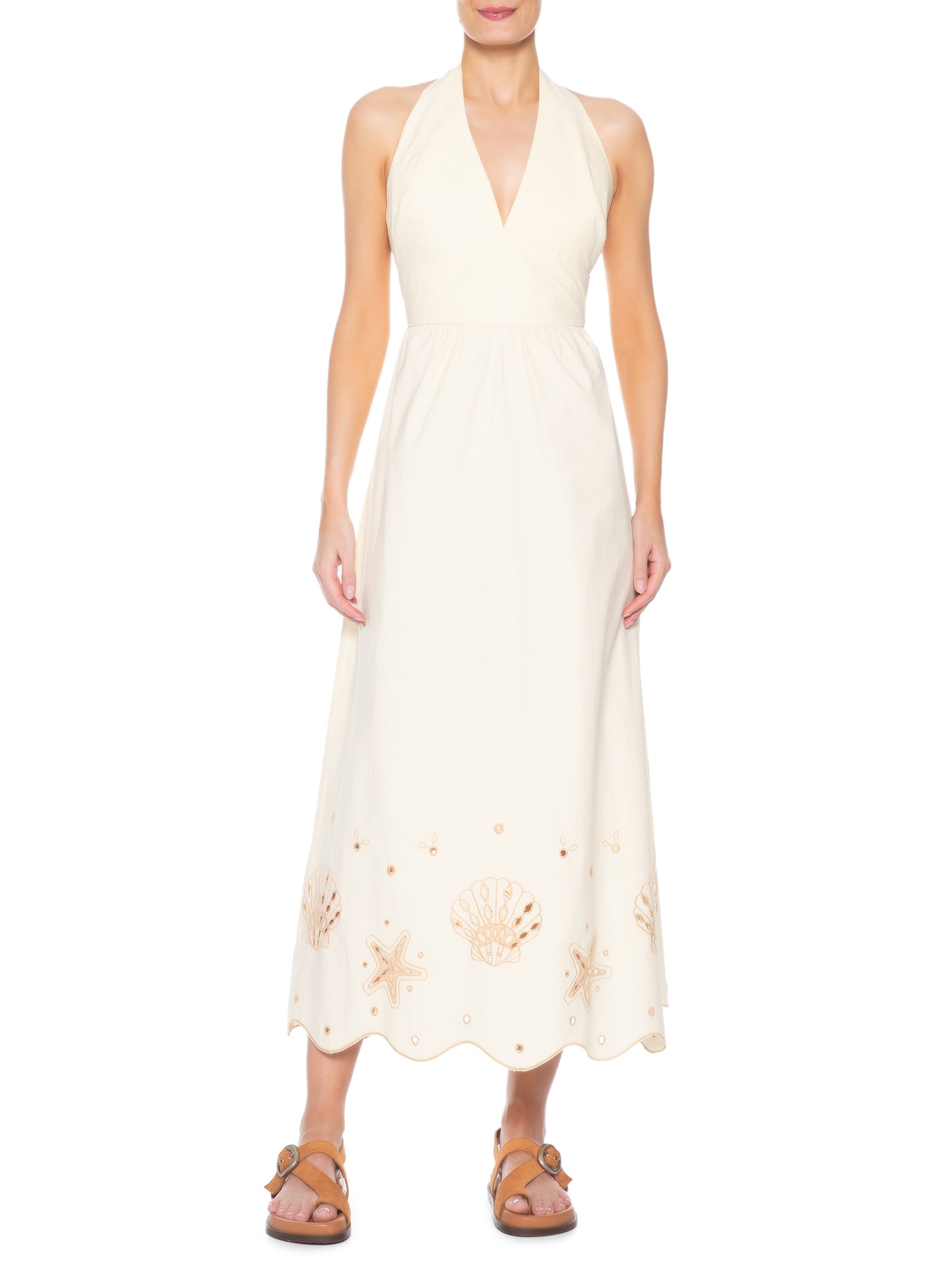 Vestido Cropped Algodão Barrado Festone Off White Dress To