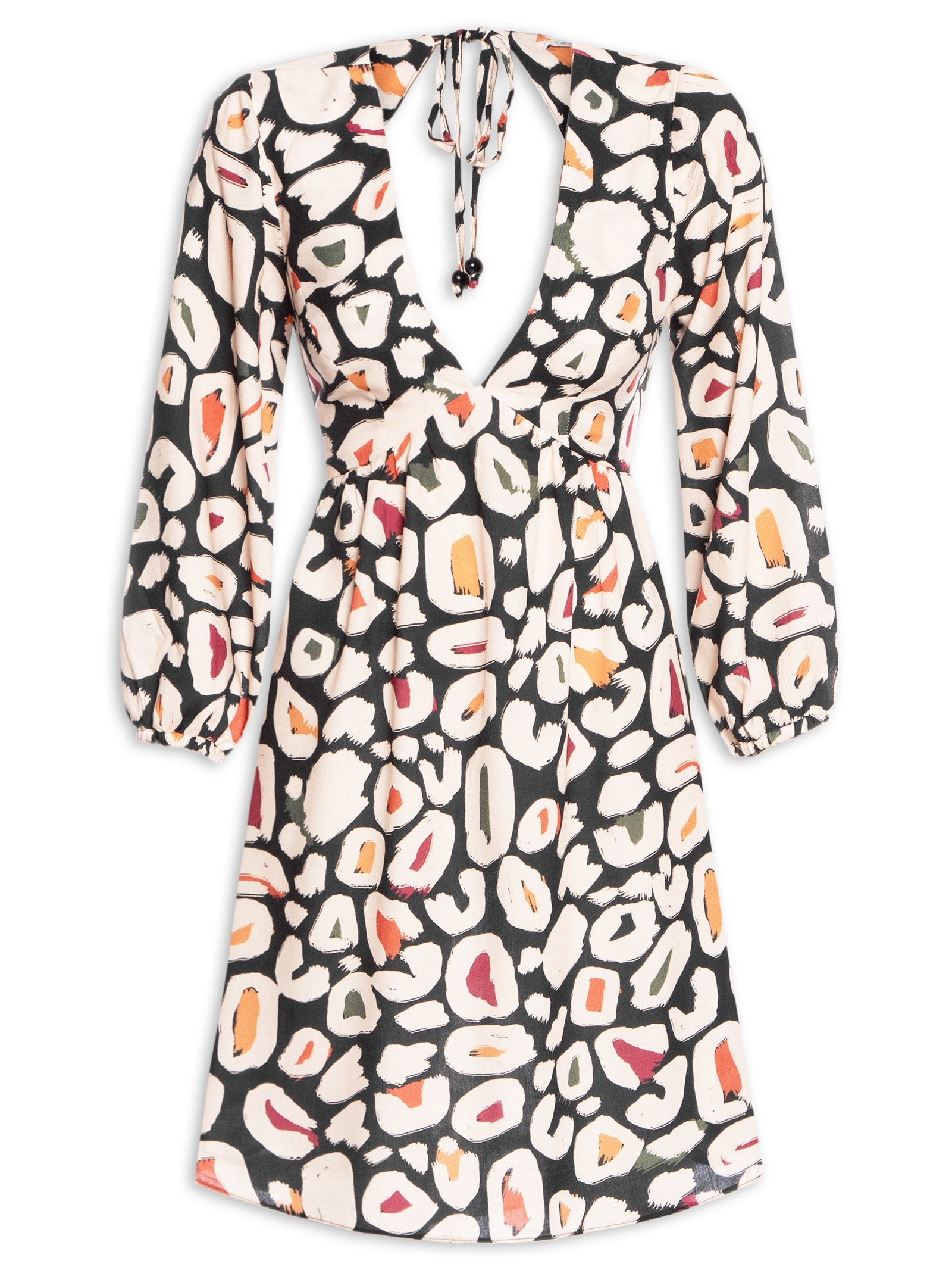 Vestido Curto Amarração Costas Estampado Preto Cacay