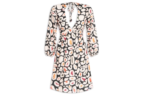 Vestido Curto Amarração Costas Estampado - Preto