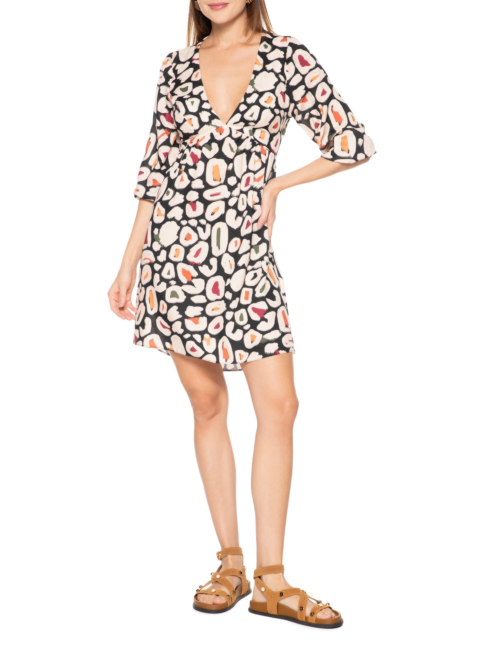 Vestido Curto Amarração Costas Estampado Preto Cacay