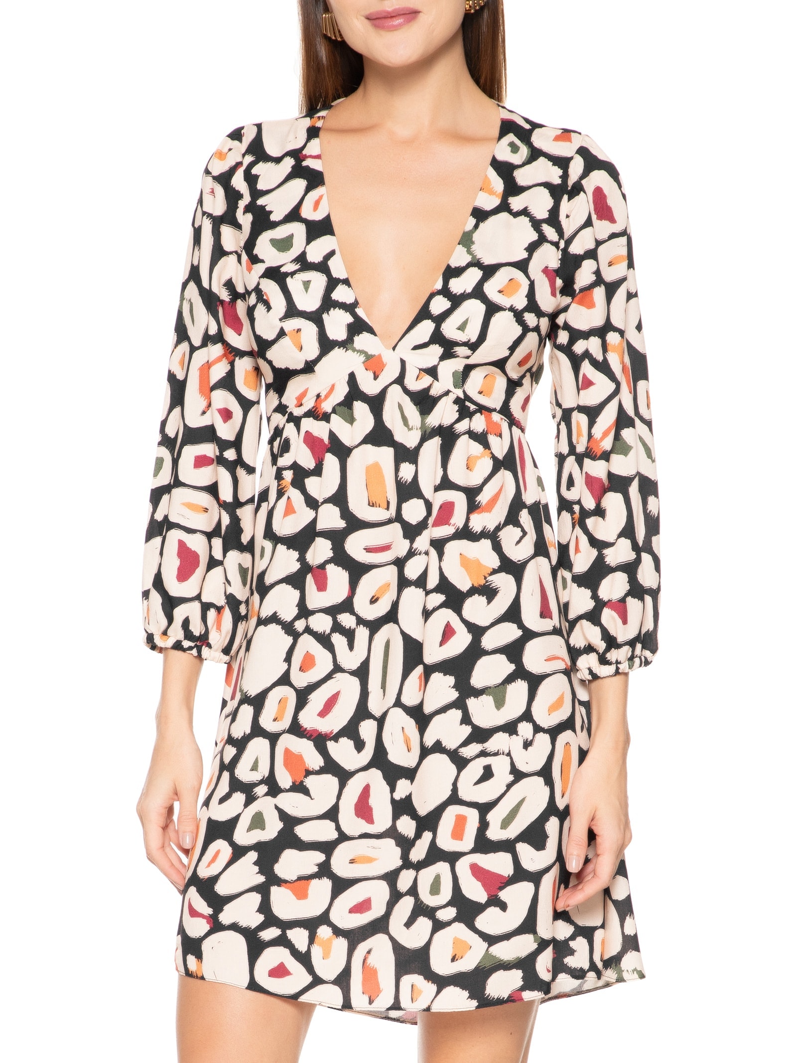 Vestido Curto Amarração Costas Estampado Preto Cacay