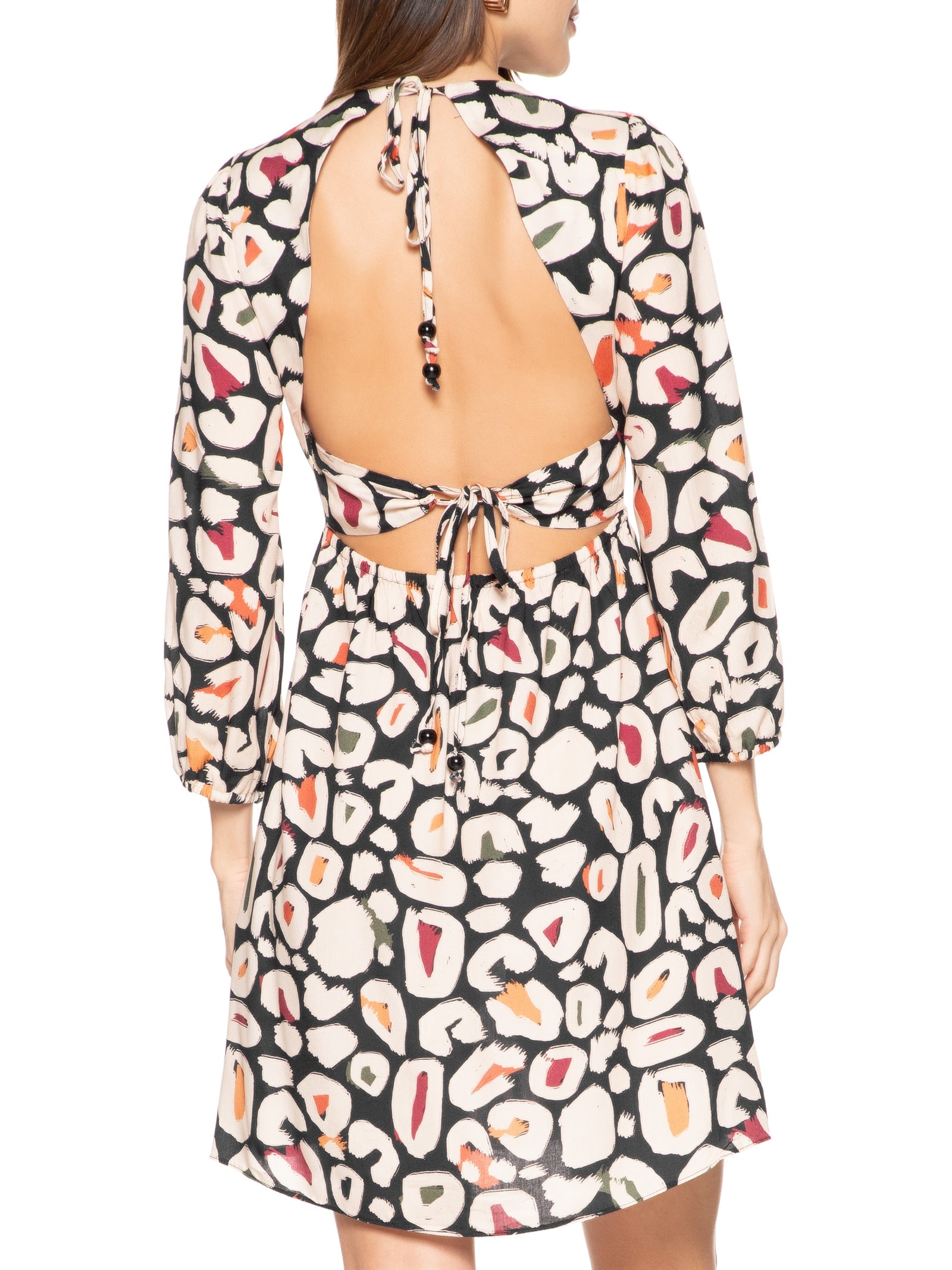 Vestido Curto Amarração Costas Estampado Preto Cacay