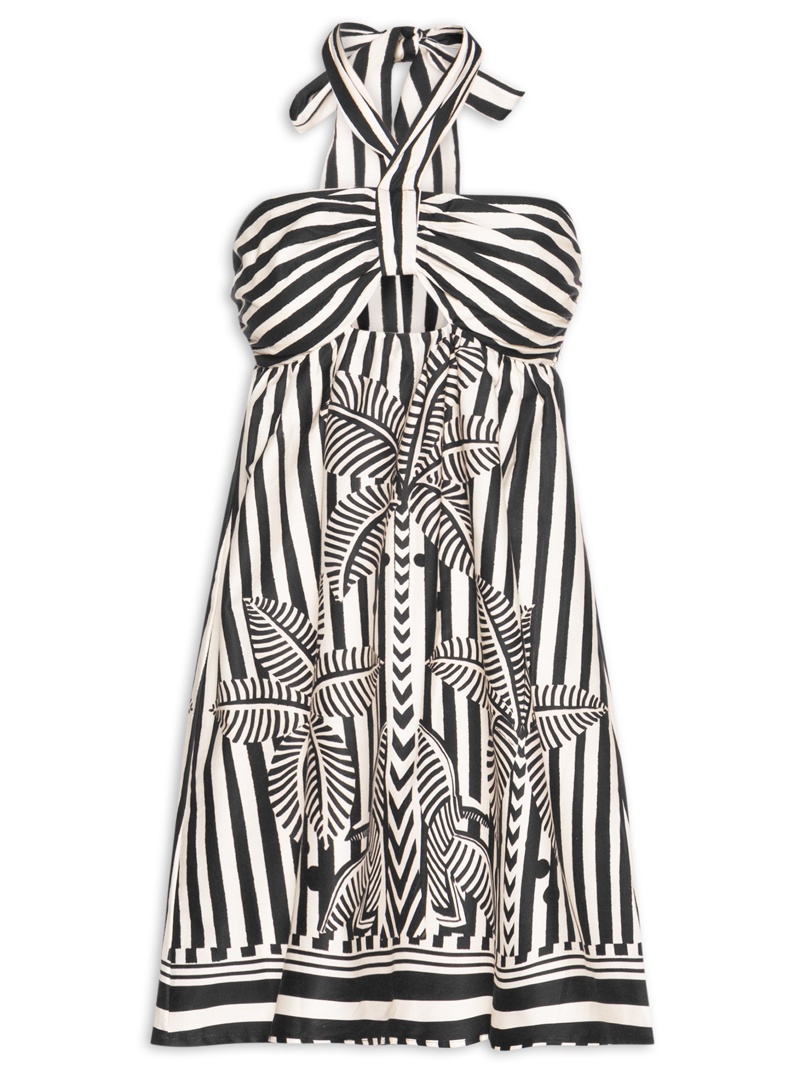 Vestido Curto Amarração Listra Tropical Preto Farm