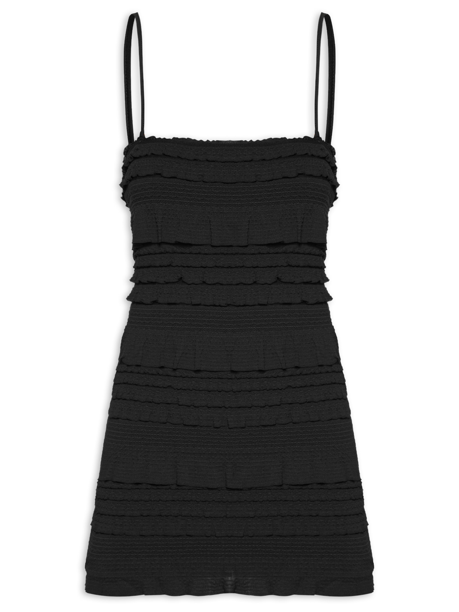 Vestido Curto Babados Textura Preto Farm Praia