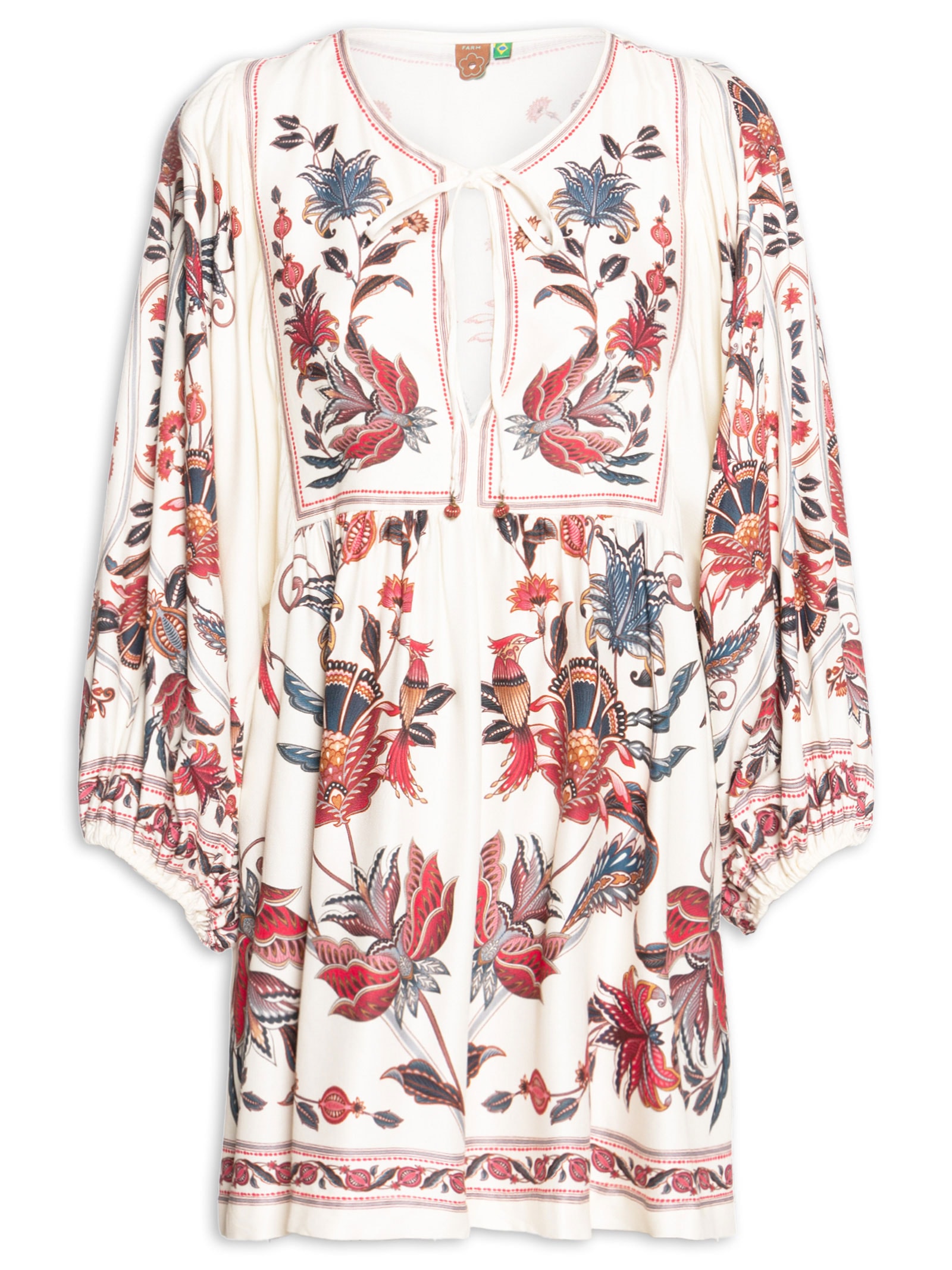 Vestido Curto Boho Flor Bege Farm