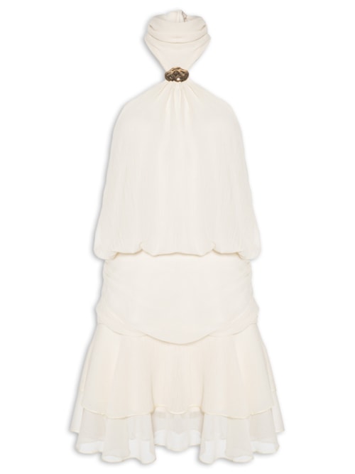 Vestido Curto Com Babado E Decote Halter - Off White