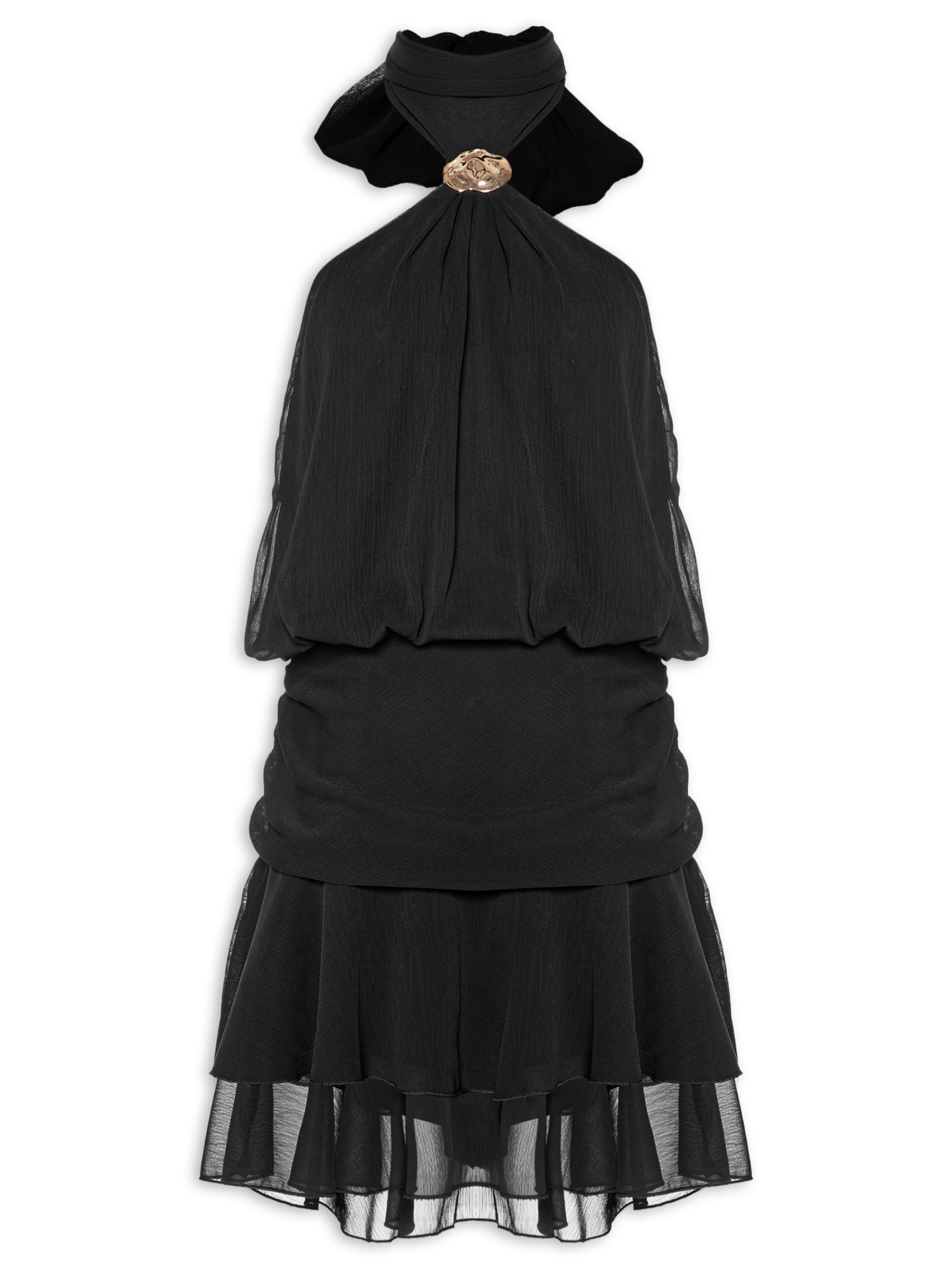 Vestido Curto Com Babado E Decote Halter Preto '2Essential