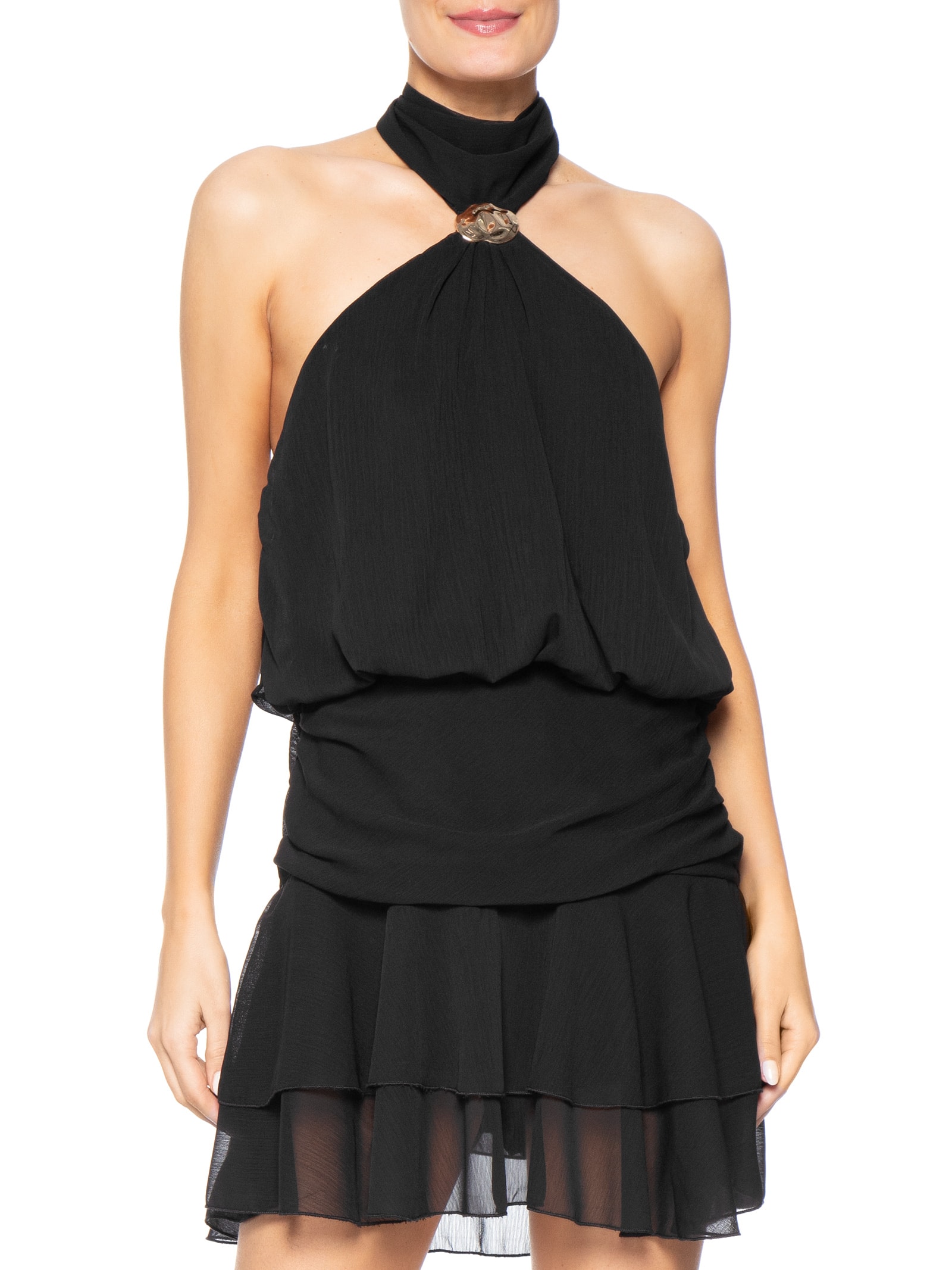 Vestido Curto Com Babado E Decote Halter Preto '2Essential