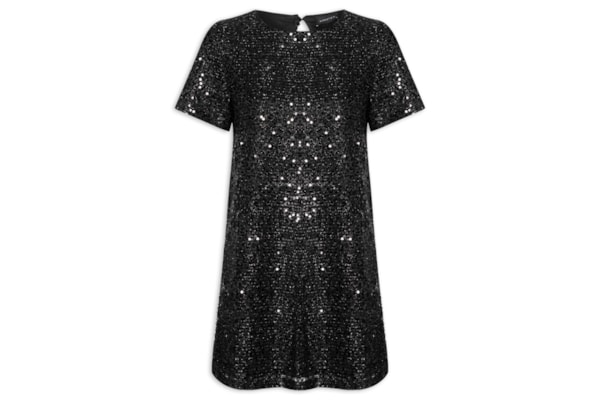 Vestido Curto Com Manga Curta Em Paetê - Preto