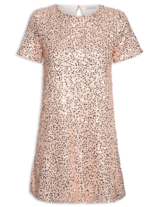 Vestido Curto Com Manga Curta Em Paetê – Rosa